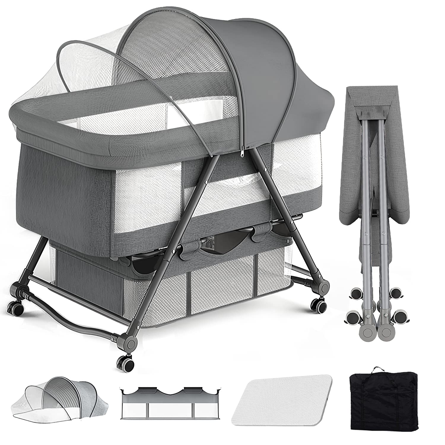 【送料無料】UBRAVOO ベビーベッド ゆりかご ベビーラック 折りたたみ 組み立て不要 収納便利 キャスタ..