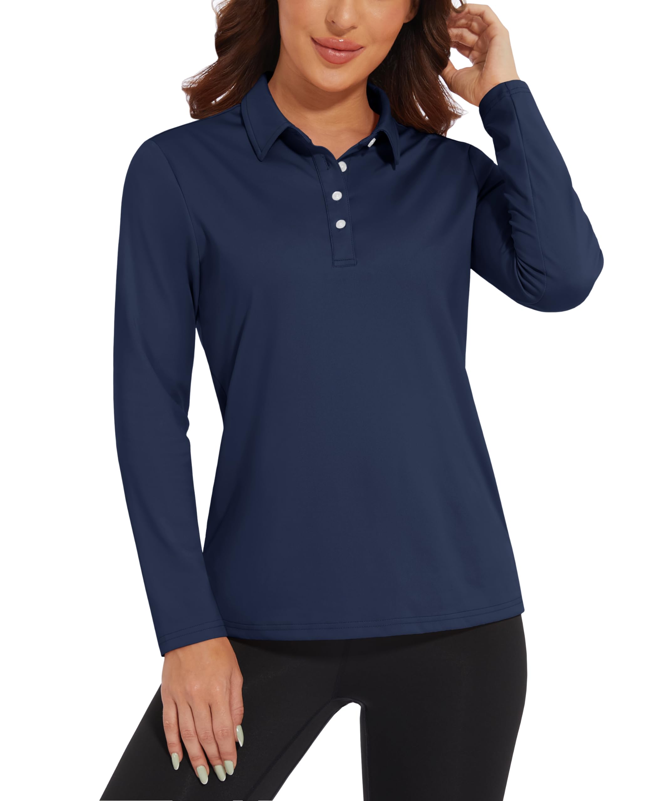 【送料無料】[KEFITEVD] ゴルフポロシャツ 長袖 レディース ボタンダウンシャツ 長袖 ポロシャツ ゴルフ プルオーバー ストレッチ 日焼け止め 紺 ネイビー L