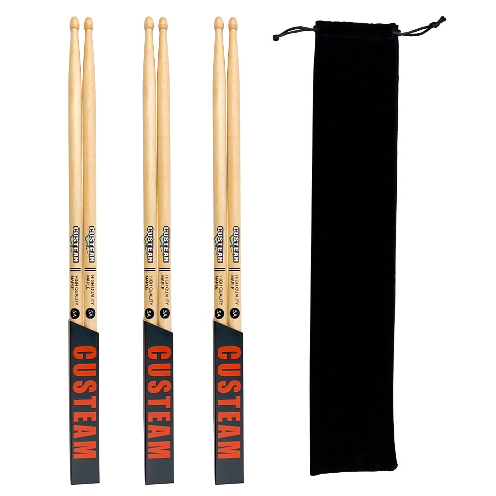 【送料無料】CUSTEAM ドラムスティック5A メイプル製 ドラム練習用 3ペアセット（6本組み） 42.5 x 5 x 3.5 センチ