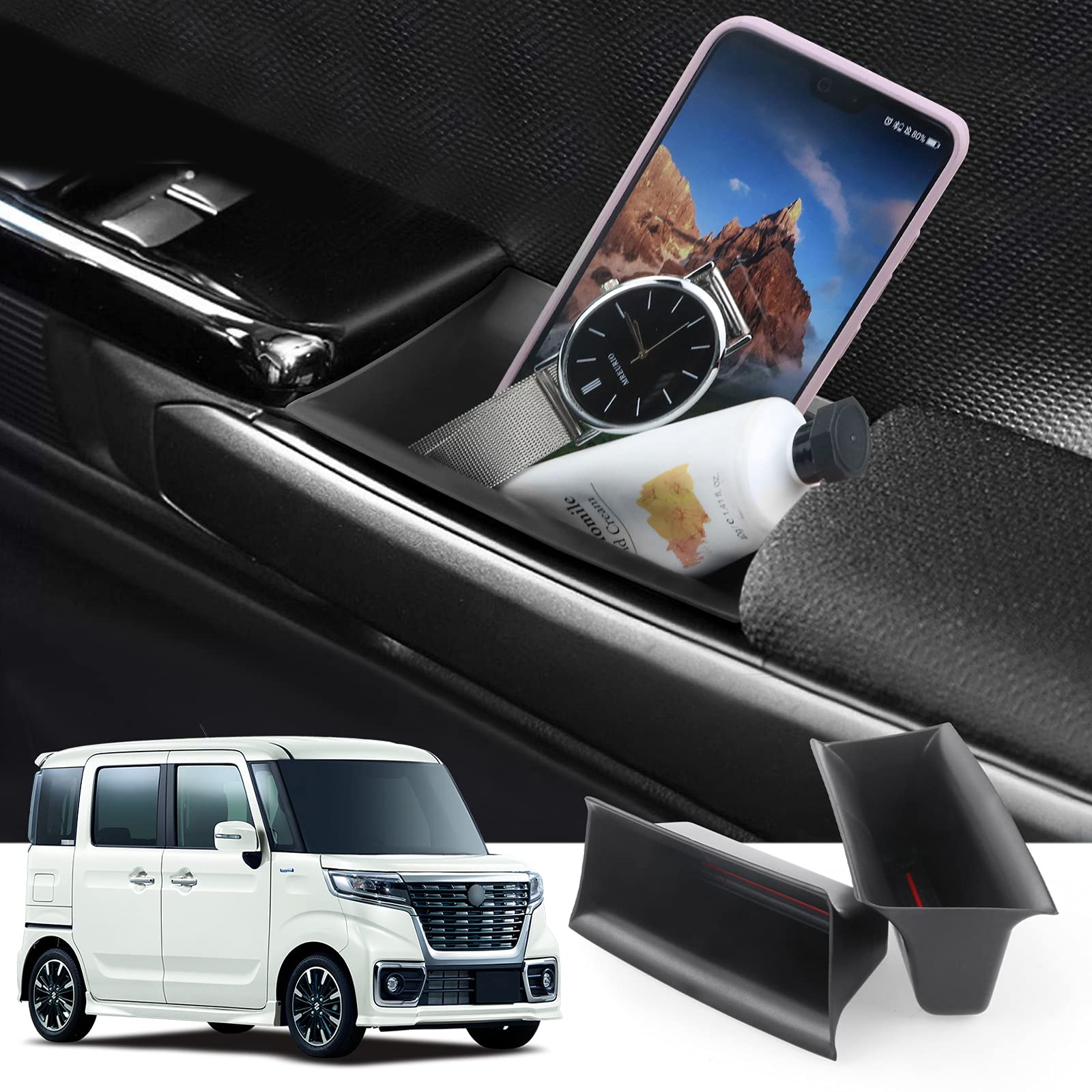 【送料無料】LFOTPP スズキ スペーシア カスタム 専用 ドアハンドルポケット 小物入れ 収納ボックス mk53s 運転席 助手席 ストレージボックス ドアポケット 新型スペーシア アクセサリー 車種専用設計 2個セット