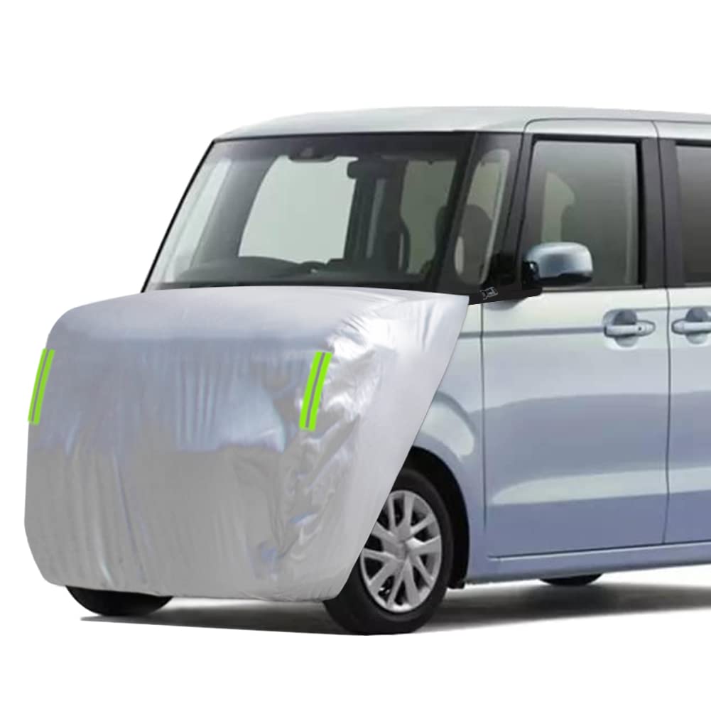 【送料無料】ボンネット保護カバー 軽自動車 防炎フロント保護カバー 裏起毛タイプ 防塵 蛍光反射ストリップ付き ゴムバンドで長さを調整 ミニバン 車用 汎用タイプ シルバー 適合目安:車長3.30m~4.00m/車幅1.65m~1.75m MB-M