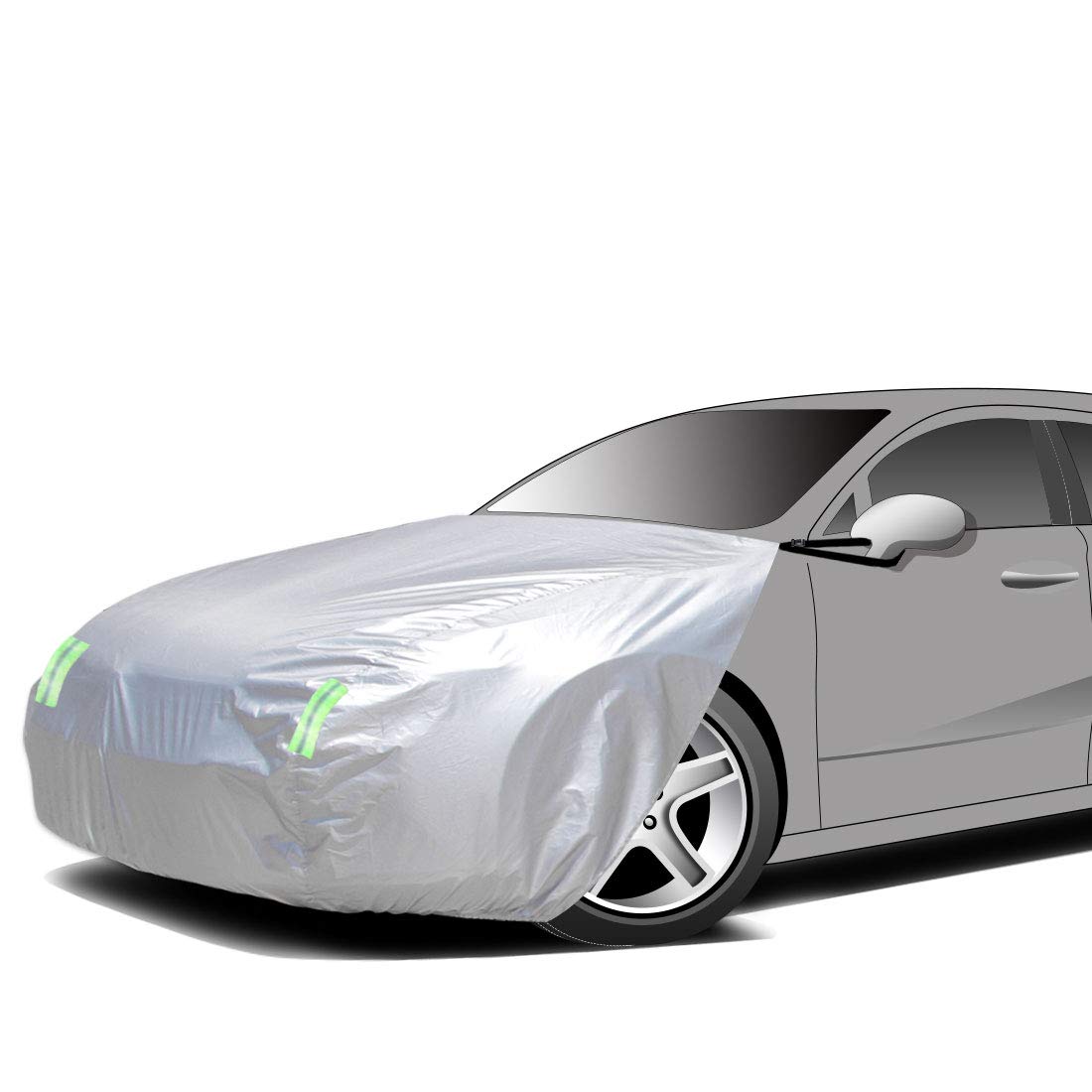 【送料無料】ボンネット保護カバー 防炎フロント保護カバー 裏起毛タイプ 防塵 蛍光反射ストリップ付き ゴムバンドで長さを調整 一般乗用車用 適合目安：車長4.70m~5.20m/車幅1.65m~1.85m CA-L