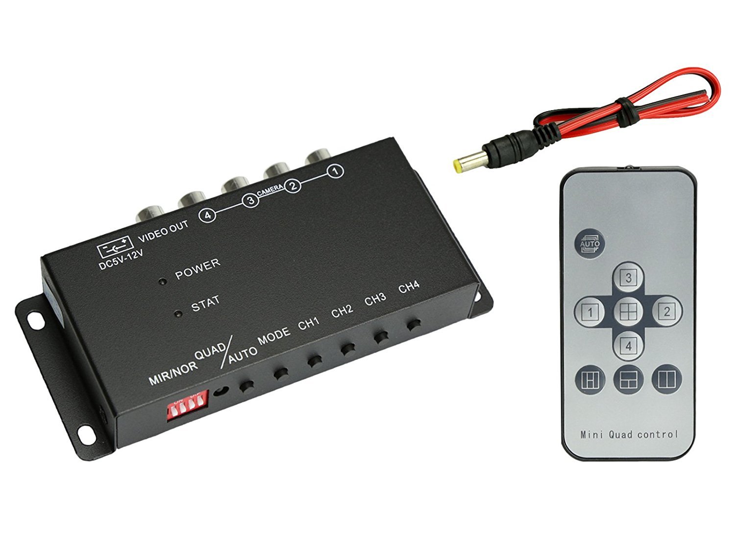 【送料無料】ビデオ映像4分割器 車載モニター映像 4分割表示 正像、鏡像切り替え付き 1つのモニターで4つの映像を表示 DC12V サイドカメラやバックカメラ、フロントカメラの一括表示