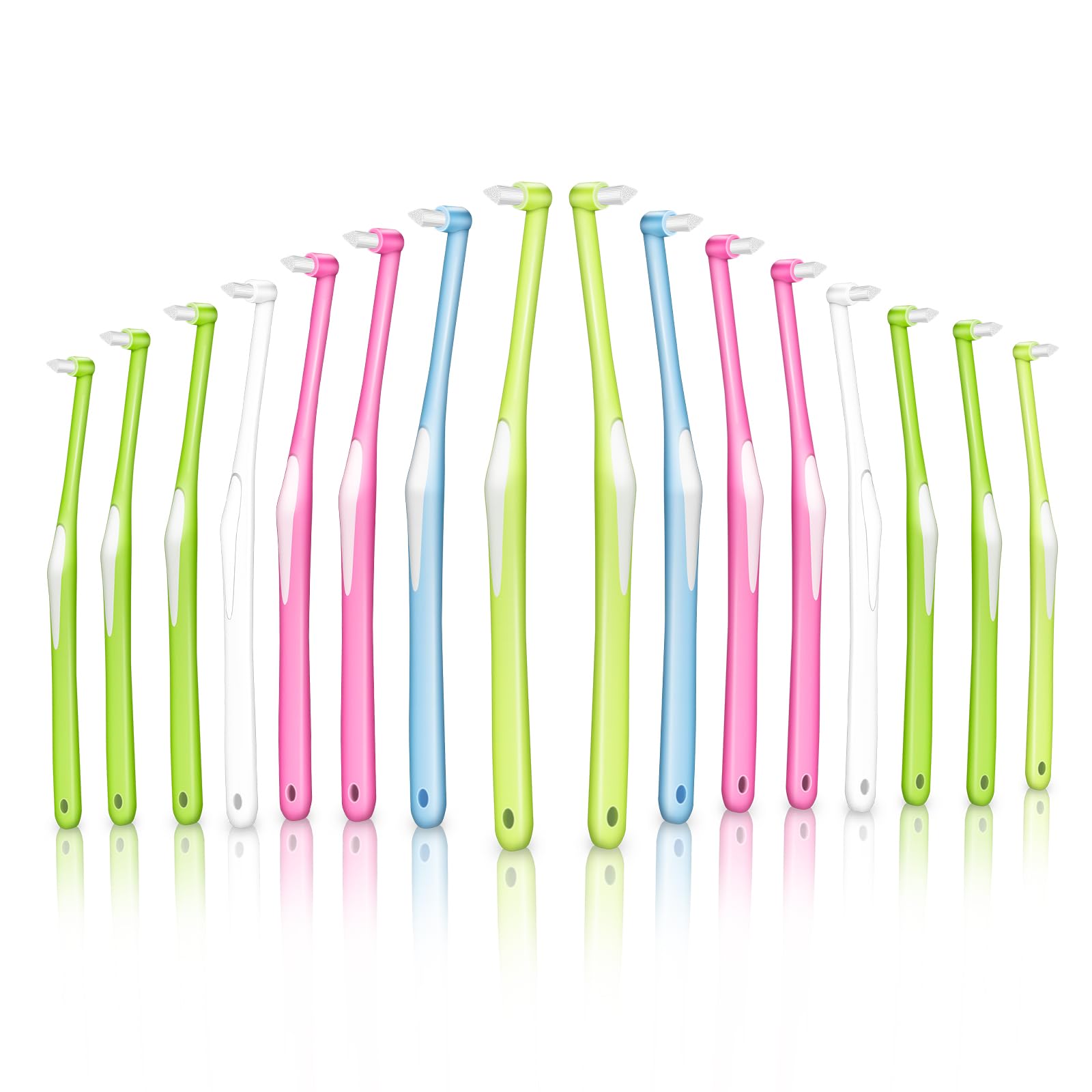 【送料無料】16本入 歯ブラシ 奥歯 部分磨き ワンタフトブラシ やわらかめ 0.12mmブラシ 細い 円錐状 小さいヘッド 矯正用 奥歯用歯ブラシ 歯間清掃 大容量 個包装 (5緑/4ピンク/3黄/2白/2青)