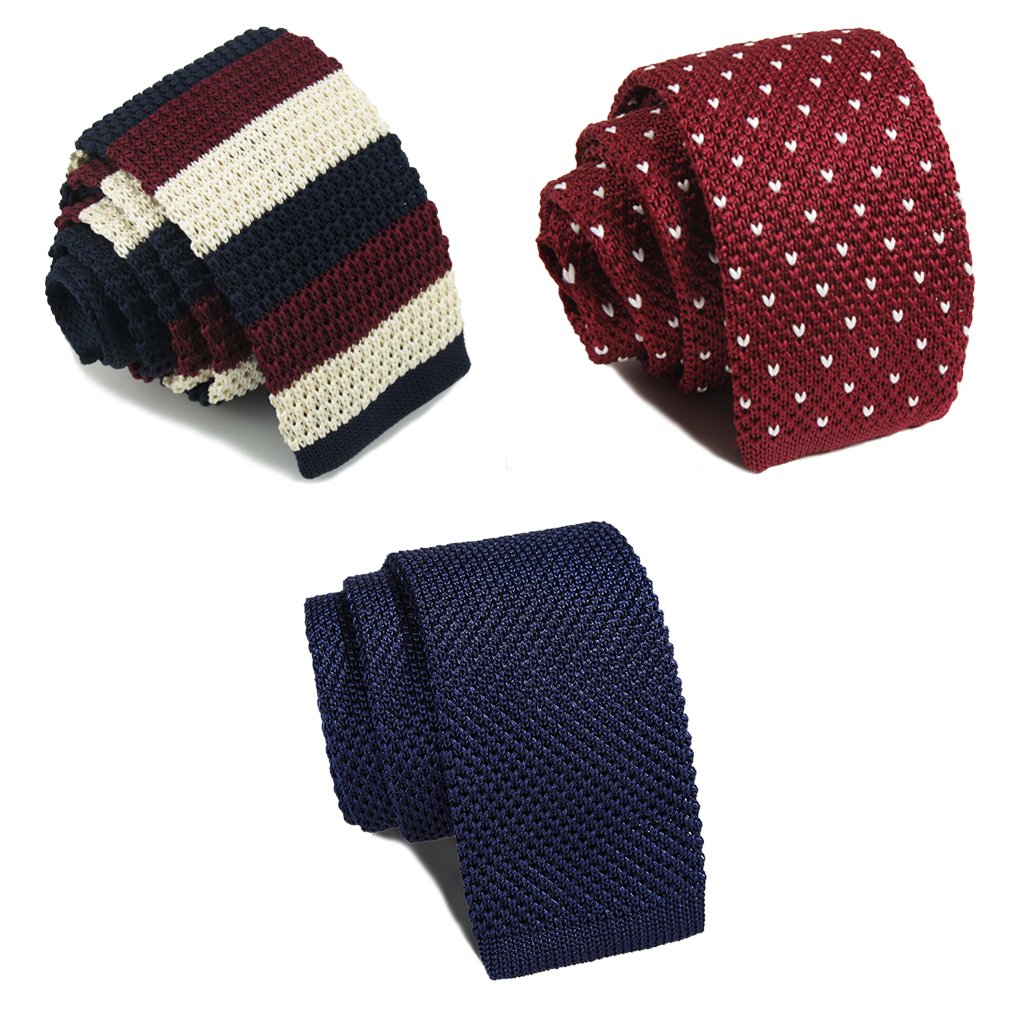 【送料無料】[Dizegn] ニットタイ ニットネクタイ 3本 セット メンズ ボーダー 無地 ドット スーツ ネクタイ おしゃれ ビジネス カジュアル 洗濯可能 (紺/赤 A)