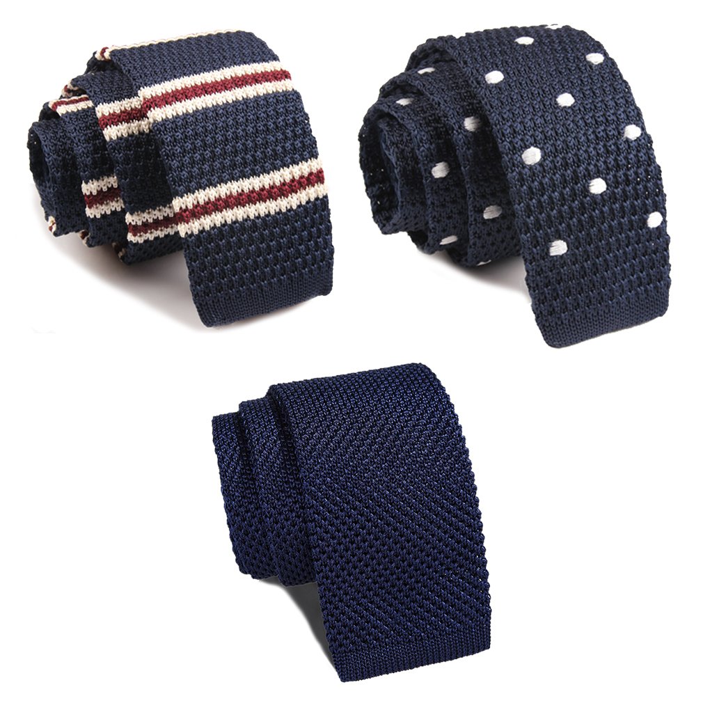 【送料無料】[Dizegn] ニットタイ ニットネクタイ 3本 セット メンズ ボーダー 無地 ドット スーツ ネクタイ おしゃれ ビジネス カジュアル 洗濯可能 (紺 C)