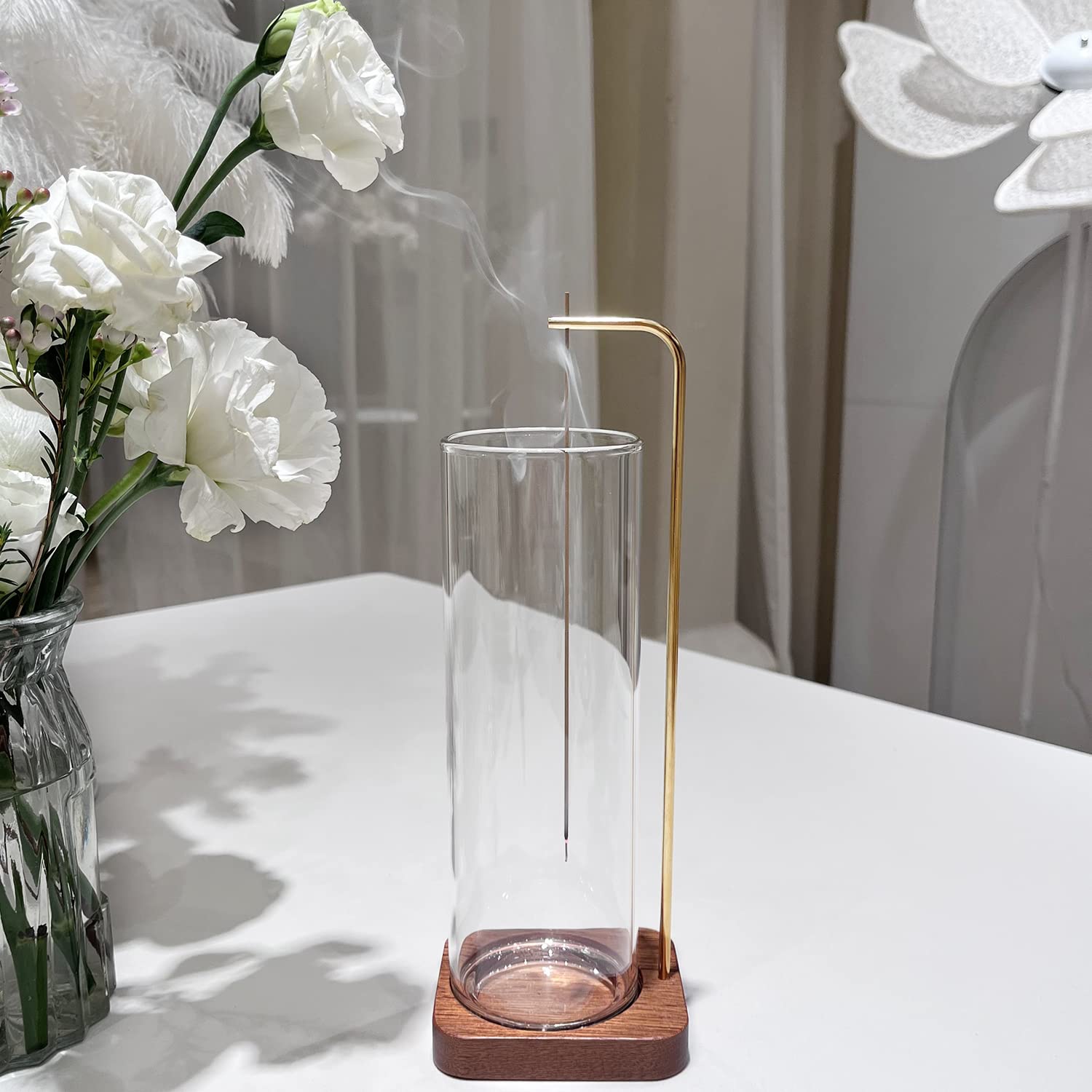 【送料無料】GreenGardenスクエアガラスインセンスホルダー お香立て おしゃれ ガラス製 灰こぼれない 癒し 線香立て 御洒落 シンプル インテリア お家でリラックス (円形+英語なし, 木の製)