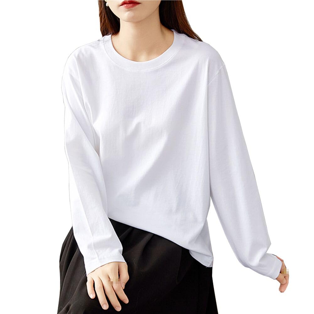 【送料無料】[Erikyson] トップス レディース 長袖 Tシャツ 丸首 ロングスリーブ オーバーサイズ ファッション 日常 大きいサイズ カジュアル 着痩せ ゆったり シンプル きれいめ おしゃれ 重ね着 無地 (JP, アルファベット, L, white)