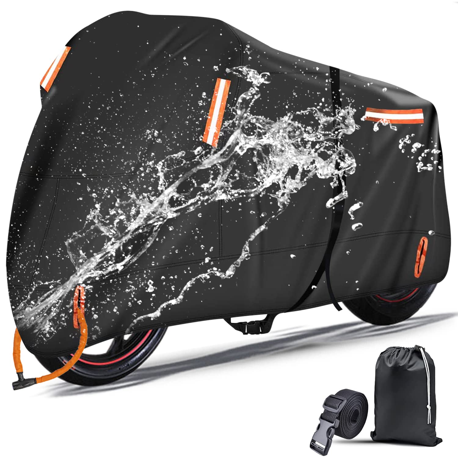 【送料無料】MUSEJOY バイクカバー 大型 耐熱 防水 厚手 420Dオックスフォード素材 丈夫 UVカット 溶けない 防雪 盗難防止 警告反射テープ 防風ベルト付き 収納袋付き バイク カバー 50cc 125cc 250cc 400cc用 (XL,ブラック)