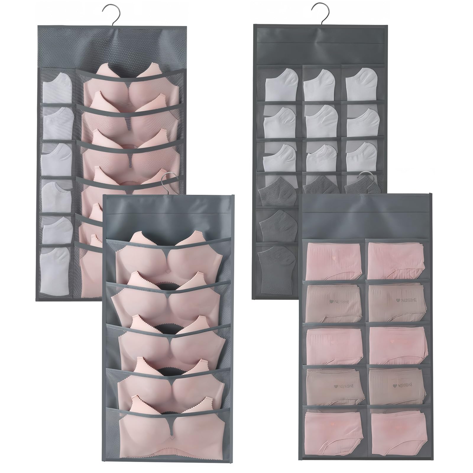 【送料無料】ANZOBEN 【2枚組】下着収納 ウォールポケット 吊り下げ収納 壁掛け収納 下着 収納 靴下 ブラジャー メッシュ 両面 壁掛け 収納バッグ 吊るせる収納 不織布（グレー）