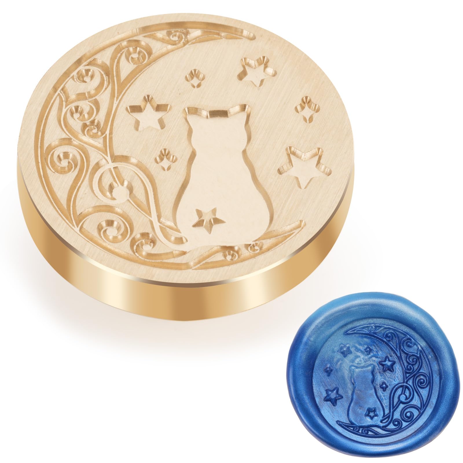 【送料無料】ANZOBEN シーリングスタンプ ヘッド 4mm厚い ミニ シーリングワックス 猫 3d 立体 紋章 月 丸 交換真鍮銅頭 手紙 印鑑 封筒 専用ヘッド ハロウィン 復古風 洋式 結婚式 DIY用 ワンポイント 25mm（月夜の猫）