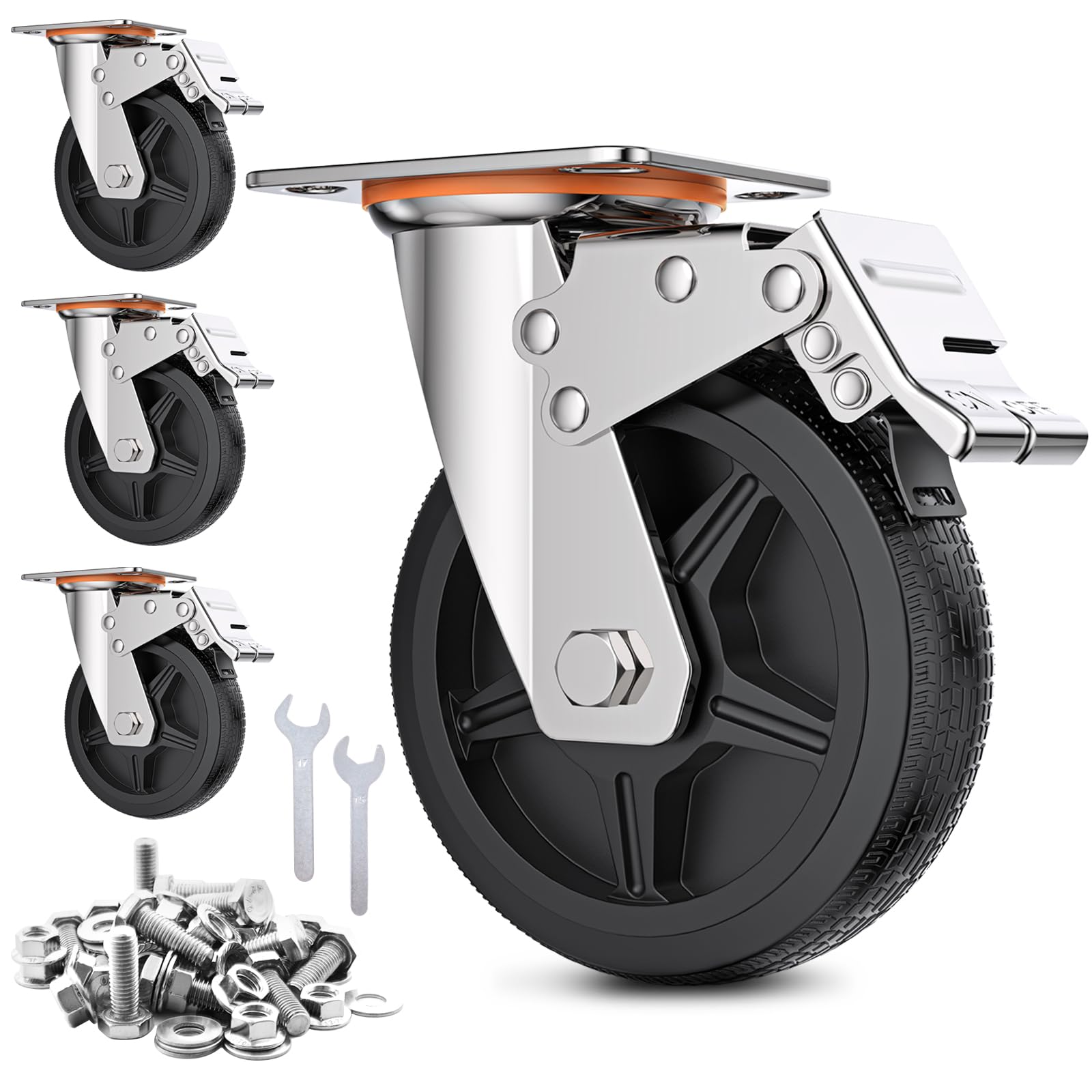 【送料無料】COOWOO 8インチ キャスター 4個セット 車輪 ブレーキ付き 高耐久性 耐荷重1200KG 360度回..