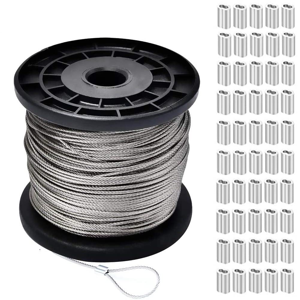 【送料無料】nacyvcos ステンレスワイヤー 2mm 長さ100m ワイヤーロープ ステンレスロープ アルミスリーブ付き 50個 7*7構成 SUS304 柔軟 継手 8文字型 錆びにくい 工事 固定 地震対策 落下防止 盗難防止 配線 漁業 林業 DIY フェンス 柵 (直径2mmx長さ100m)