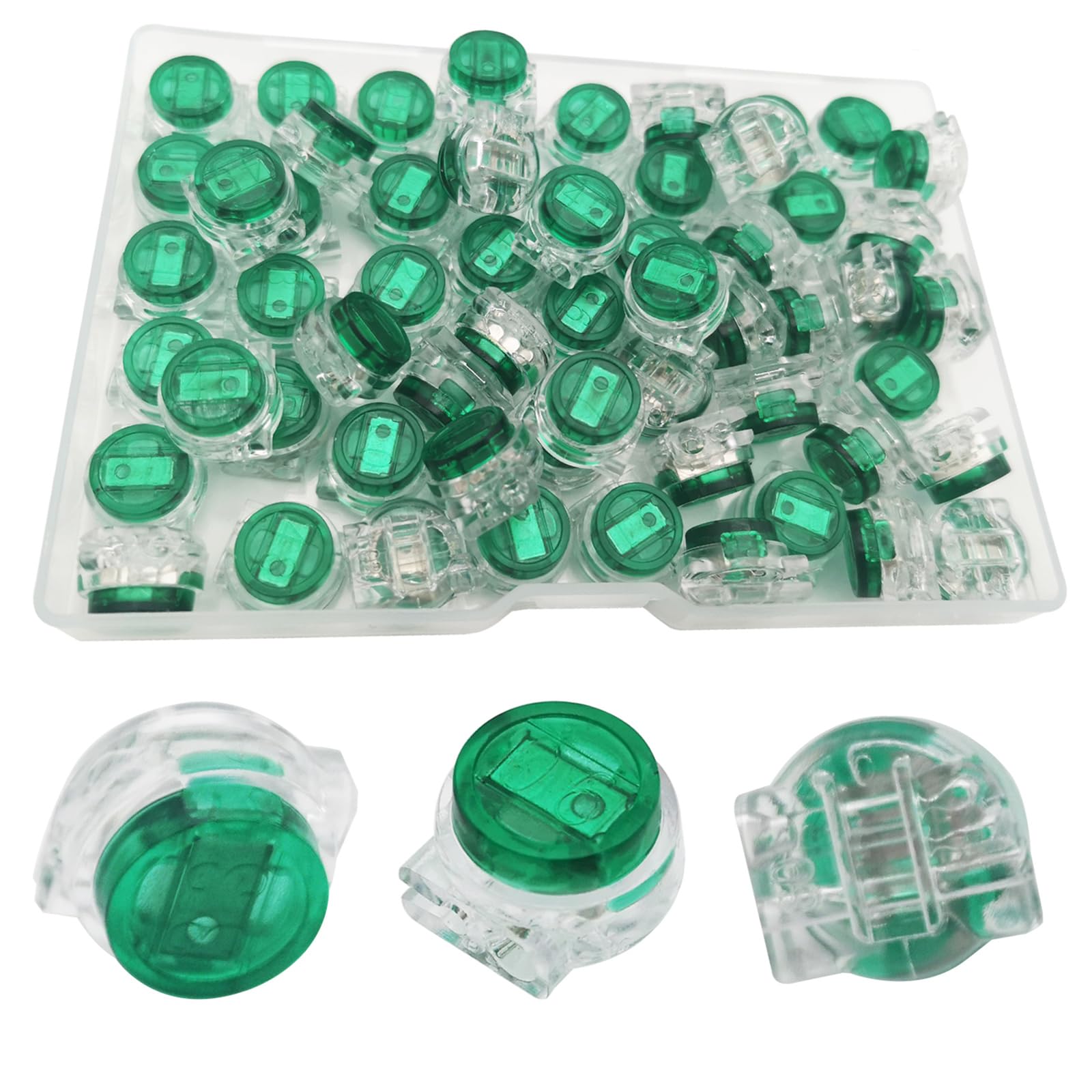商品情報商品の説明仕様: 電話ケーブル コネクタの材質 : プラスチック ケース、内部はゲル充填 適切な線径: 0.4-0.9mm / 19-26AWG 絶縁体最大外径1.67mm カラー：グリーン、クリア 特徴: ●配線の際、電線の絶縁層を剥がす必要がありません。 電線端末は端子台の配線穴に直接挿入してください。 接続は、押すか回すだけの 1 回の動作で簡単かつ迅速に完了できます。 ●UG コネクタは、同じ極性のケーブルにのみ接続できます。例: プラス ケーブル 2 本/マイナス ケーブル 2 本/アース ケーブル 2 本 ●ネジ圧着端子の面倒な配線作業を端子台で解決します。 操作も簡単で早く、パワーも発揮します 。 ●ゲル封入の内部設計により導体の気密環境を、防錆・防水性を有します パッケージ数量: 60個×UGコネクタ 保管や持ち運びに便利な透明なプラスチックの箱が付属しています アフターサービス 当社の専門のカスタマーサービスチームがアフターセールスの問題を解決いたします。 ぜひご購入ください。 初期不良の可能性がございますので、まずは当店までご連絡ください。 交換または対応させていただきます。主な仕様 仕様：UG形押しボタンコネクタはシングル防湿タイプで、主線を切断することなくT字ブリッジ接続に使用します。 適用線径は0.4〜0.9mm/19〜26AWG、最大絶縁体外径は1.67mmです。素材: 内部にゲルが充填されたデザインで、優れた防錆性と防水性があり、ケーブルを保護し、長寿命です。 シェルは強力な絶縁性、安全性、小型サイズを備えており、広く使用されています。素早い取り付け：2つの電線の端を端子穴に挿入し、万力または他のペンチで押して配線を完了します。 優れた効果、速い速度、高い接続率。パッケージ内容: UG コネクタ 60 個。電話、ネットワーク ケーブル、低電力から中電力の小径電話機の接続に使用できます。 高電圧および大電流の導体には適していません。用途：電話線コネクタは同じ極性のケーブルにのみ接続できます。 各種機械・電気機器、家電製品、配電線、照明線などに幅広く使用できます。