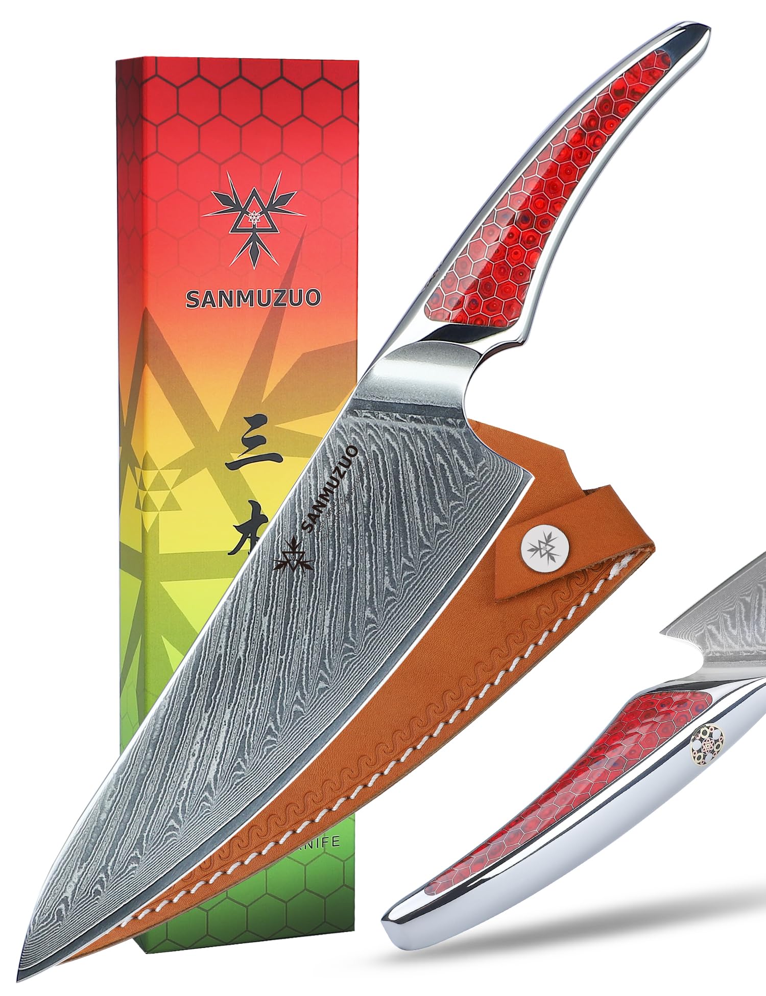 【送料無料】SANMUZUO 8 インチ シェフナイフ、超鋭利なダマスカス鋼キッチンナイフ、赤い樹脂 ...
