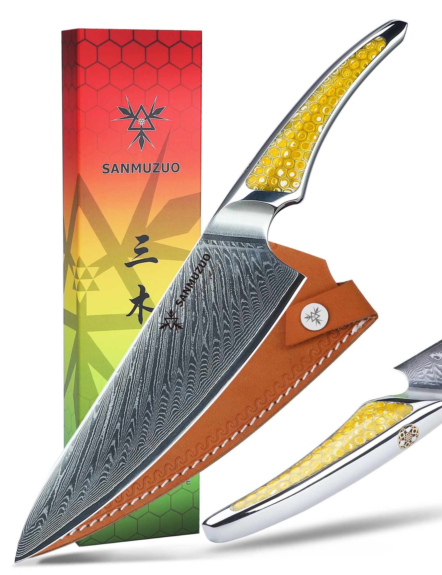 【送料無料】SANMUZUO 8 インチ シェフナイフ、超鋭利ダマスカス鋼キッチンナイフ、イエロー樹 ...