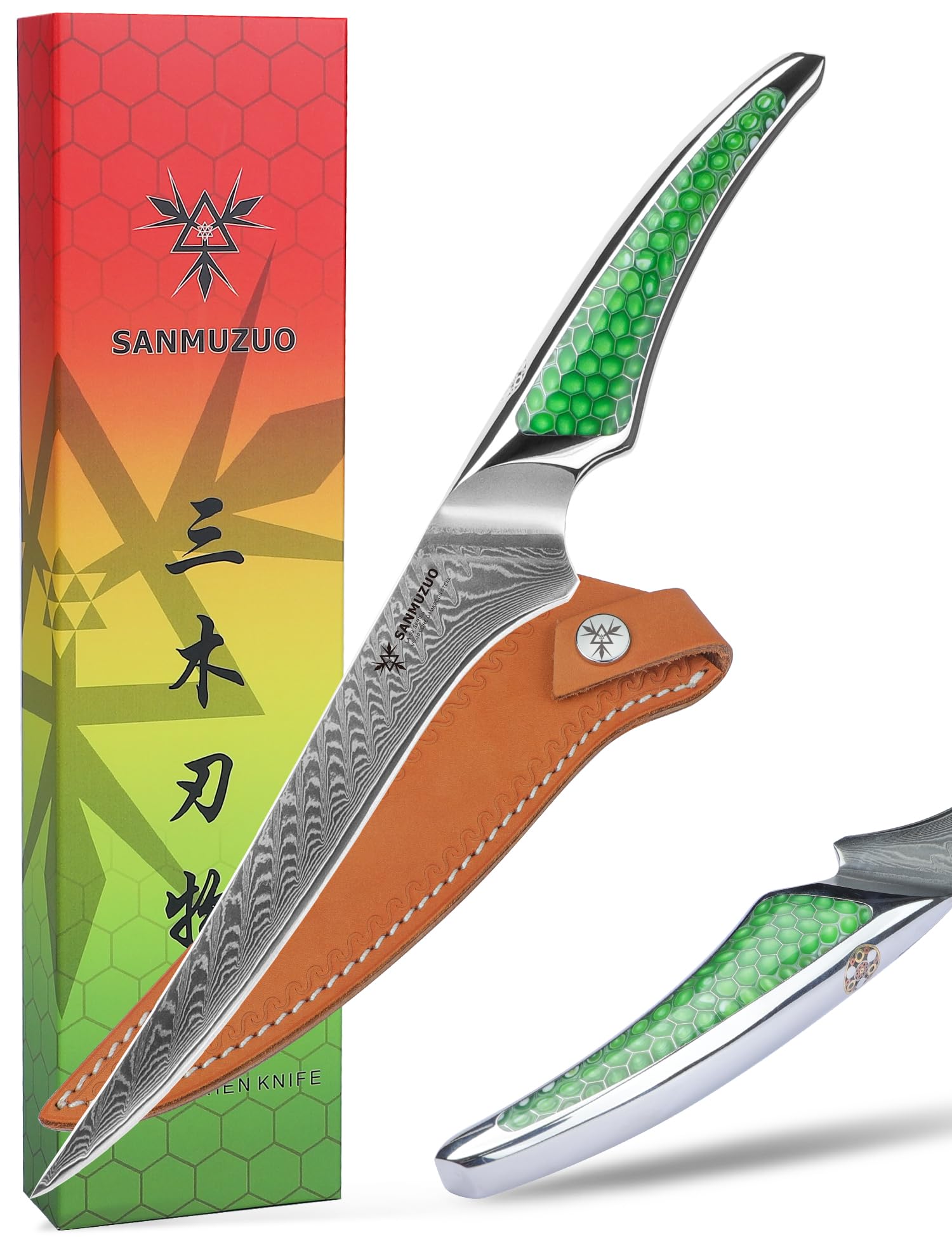 【送料無料】SANMUZUO 7 インチ フィレナイフ、超鋭利なダマスカス鋼キッチンフィッシュナイフ、グリーン樹脂のフルタングハンドル付き骨抜きナイフ、LA-S...