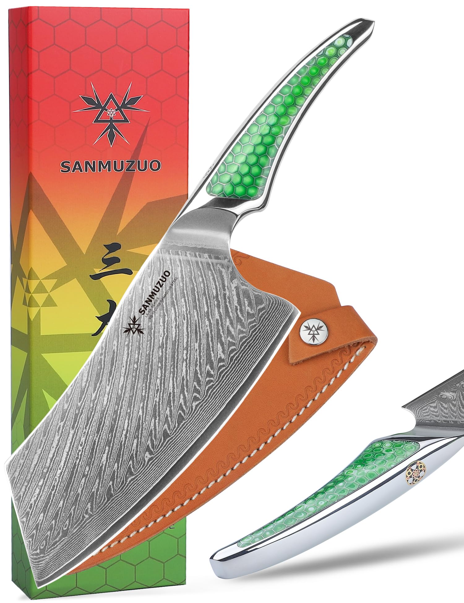 【送料無料】SANMUZUO 7 インチ ナキリナイフ、超鋭利なダマスカス鋼肉切り包丁、グリーン樹脂のフルタ..