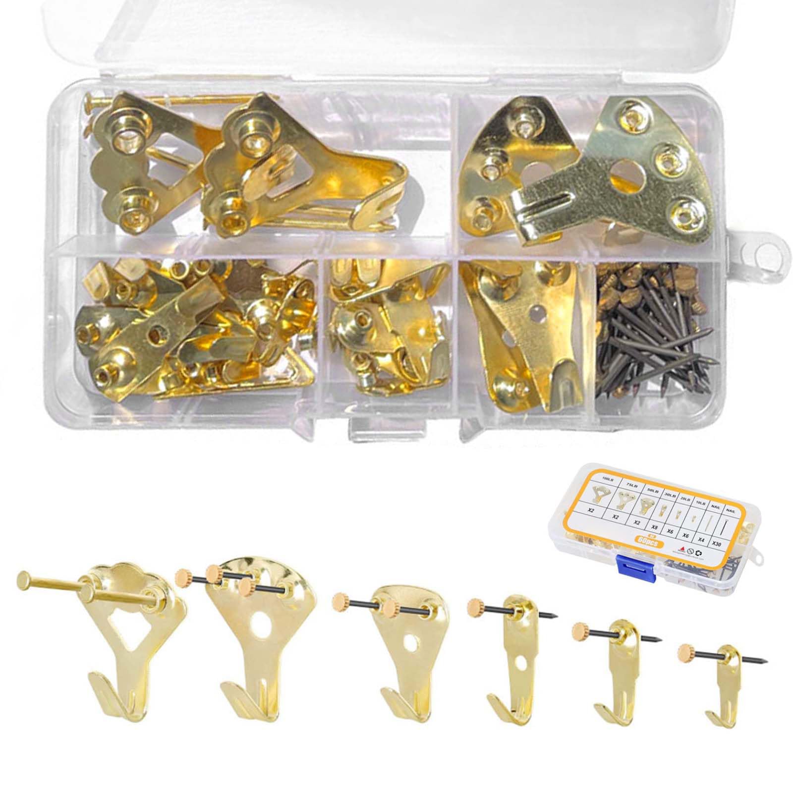 【送料無料】PAVIKE画鋲 フック 【60個入り】 石膏ボード ピン 額縁 フック 収納ボックス付き、壁掛け、額縁、アート作品、装飾品、壁掛け時計に適しています