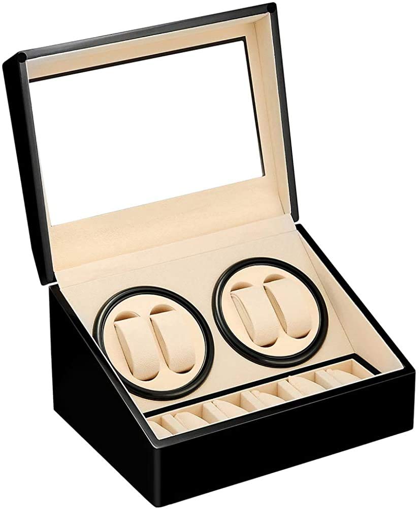 【送料無料】LUYING ワインディングマシーン （4本巻き+6本収納） ウォッチワインダー 自動巻き時計ワインディングマシーン 静音設計 腕時計自動巻き上げ機 腕時計収納用ケース (ブラック+ベージュ)