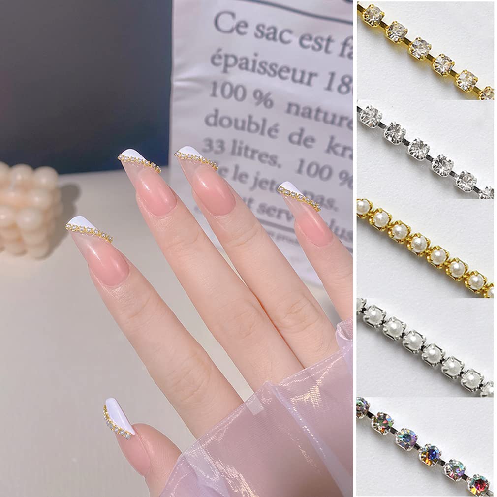 【送料無料】Chisafly ネイルパーツ チェーン ネイル チェーン パール チェーン きらきら 裁断可能 2本 約50cm (パール-ゴールド)