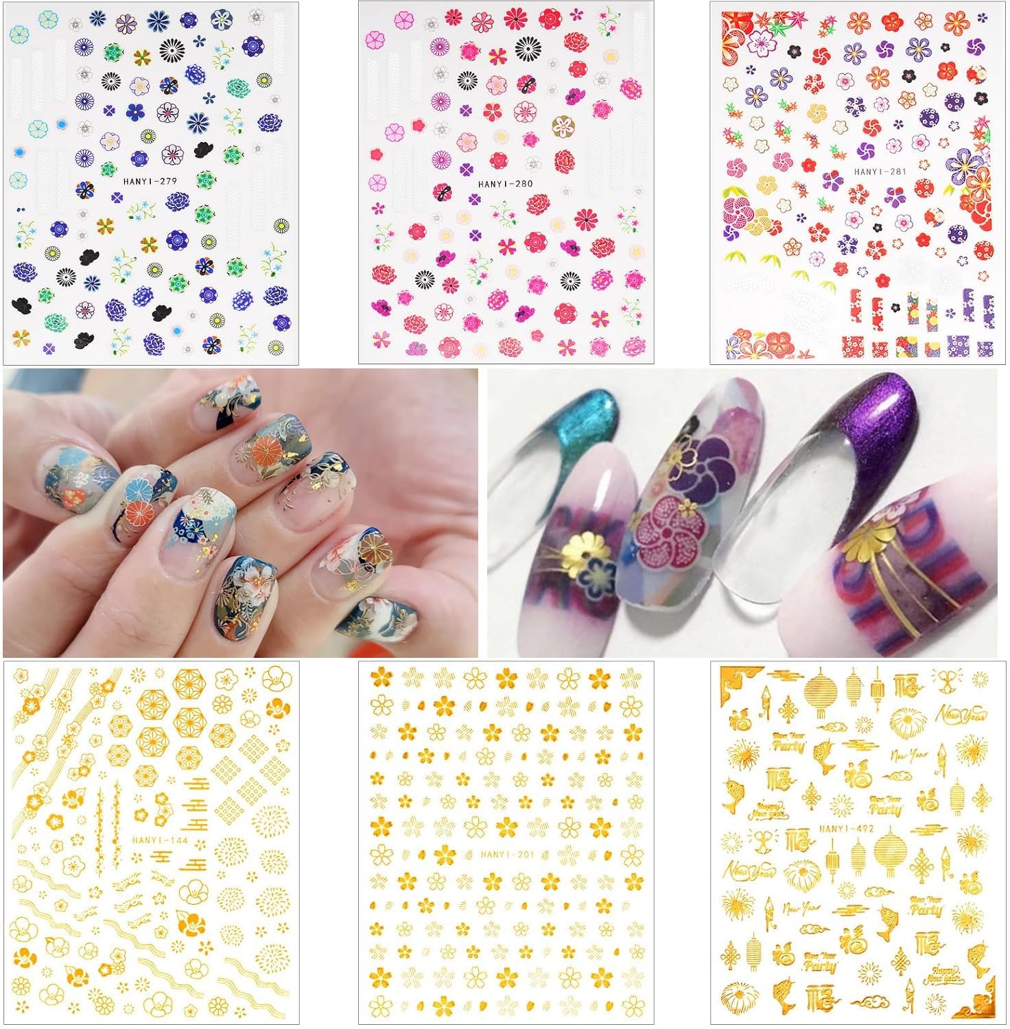 【送料無料】Chisafly ネイルシール 和柄 和風 正月 桜 花火 花びら ネイルステッカー 着物 成人式 浴衣 レトロ 3d ゴールド 6枚セット