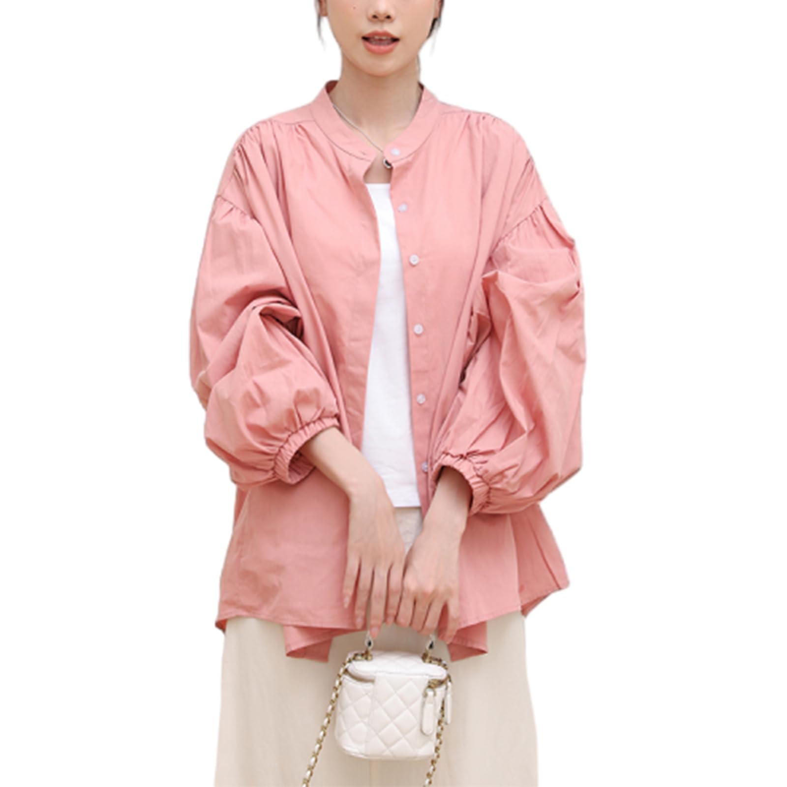 【送料無料】[OGCPWYQZ] シャツ レディース トップス ブラウス バルーン袖 長袖 日焼け止め服 UVカット 紫外線防止 UVカット 着痩せ ゆったり 大きいサイズ 体型カバー 可愛い カジュアル ファッション 無地 普段着 通勤 フォーマル 春 夏
