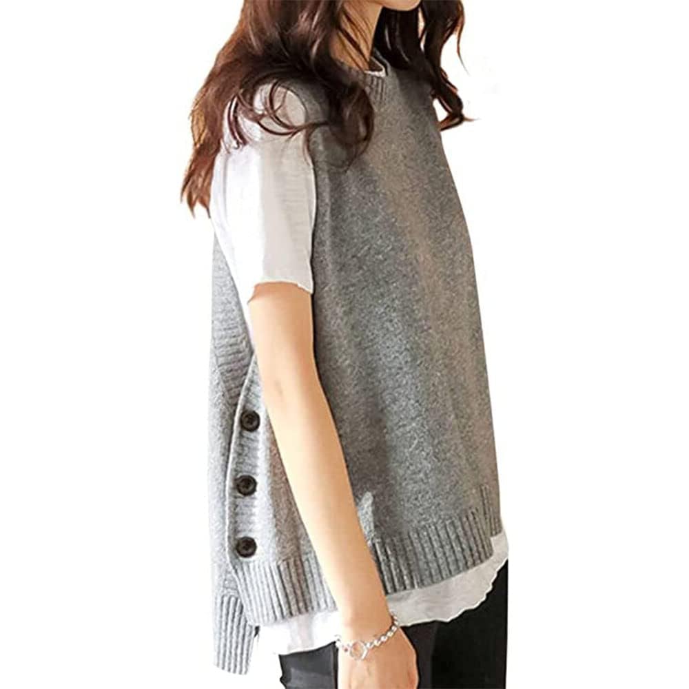 【送料無料】Moilyuko ニット ベスト レディース セーター スリット ボタン ゆる感 リブ 無地 体型カバー 着痩せ カジュアル オシャレ オーバーサイズ 通勤 トップス 春秋冬 Mo102 (グレー)