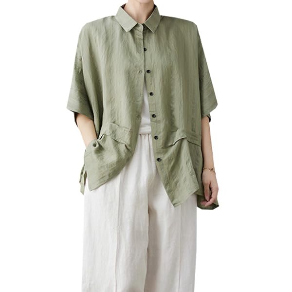 【送料無料】ノーブランド品 Volenシャツレディース五分袖トップス綿麻無地カット...