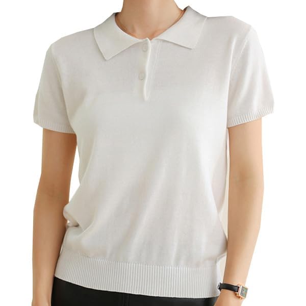 【送料無料】ノーブランド品 VolenTシャツレディース半袖ポロシャツ綿無地トップスボタン付きシンプル普段着通勤通学YJP0014WH-L, ホワイト