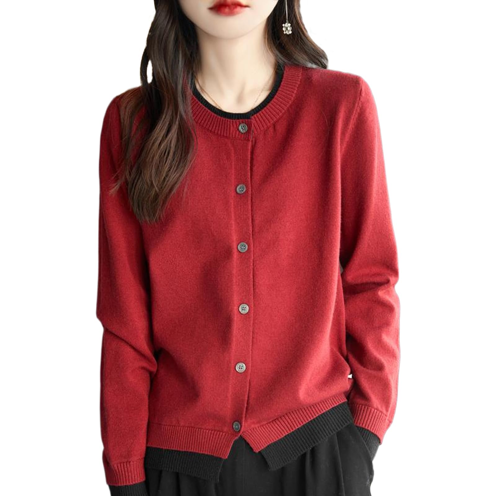 【送料無料】[Niliv] クルーネックカーディガン レディース 長袖 ニット 2種類のカラーマッチング 丸首..