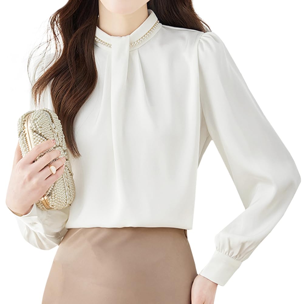 【送料無料】[Sueeya] スイーヤ ブラウス パール飾り レディース シャツ タック 長袖 立ち襟 ファスナ..