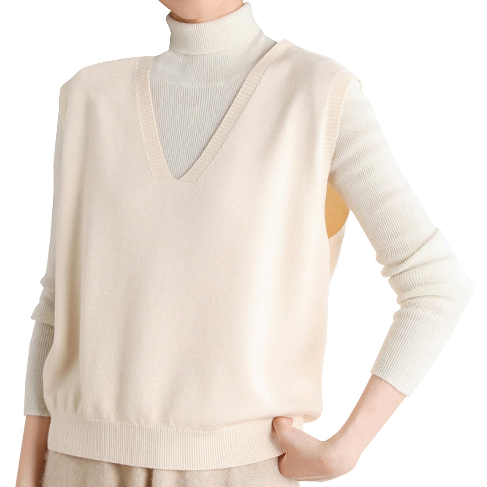【送料無料】Volen ニットベスト レディース Vネック セーター 無地 柔らかい トップス 体型カバー 着やせ ゆったり 上品(YJP0022BE-M)