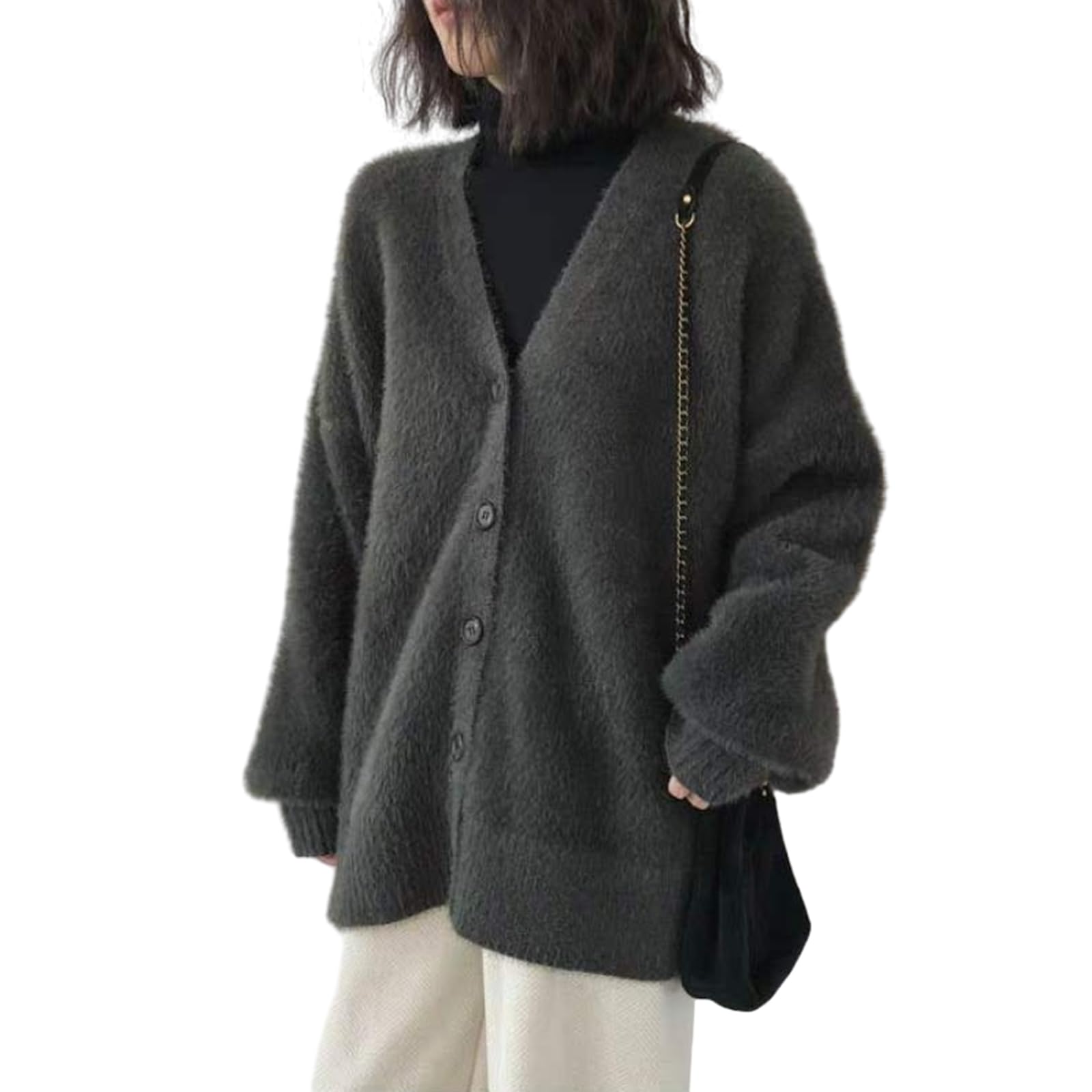 【送料無料】[MaadeaNoeTe] カーディガン レディース トップス カットソー 長袖 Vネック ニットソー モコモコ 前開き ボタン付け 無地 おしゃれ ふんわり シンプル ゆったり 体型カバー 柔らか 暖か 快適 厚手 普段着 通勤 秋 冬