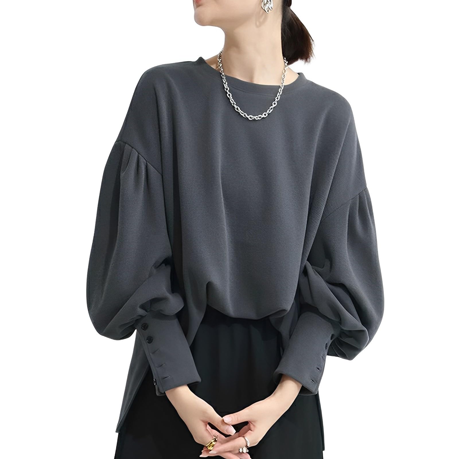 【送料無料】[MaadeaNoeTe] パーカー レディース トレーナー トップス スポーツウェア 長袖 丸首 パフスリーブ 無地 レイヤード ゆったり 着痩せ シンプル オフィス 普段着 通勤 春 秋 冬