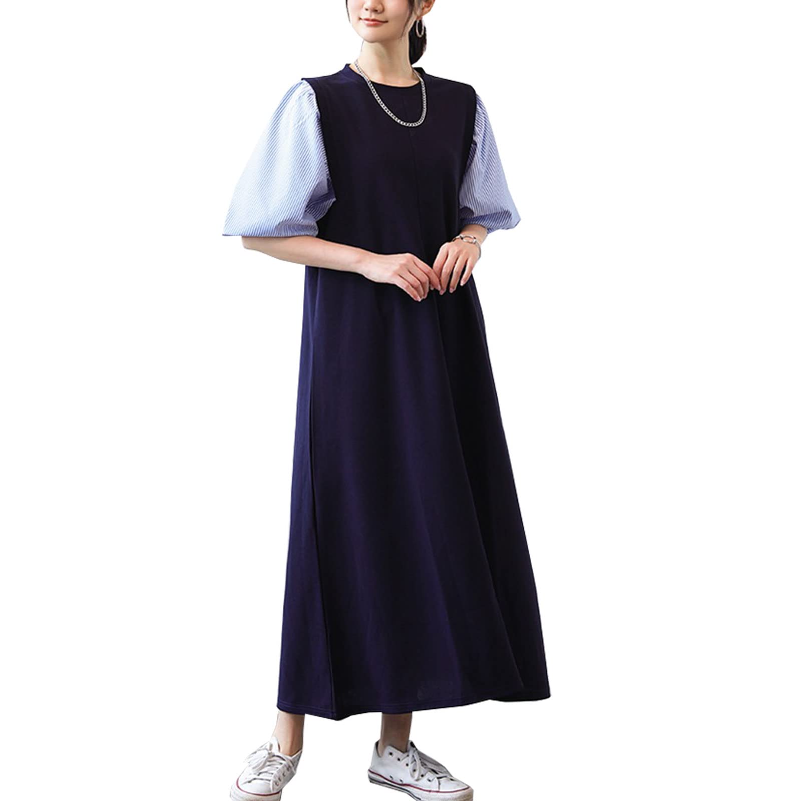 【送料無料】[7-livehouse] ワンピース レディース ロングワンピース カジュアルワンピース 半袖 切り替え パフスリーブ ミモレ丈 ストライプ 丸首 着痩せ 体型カバー シンプル ゆったり 大きいサイズ 通勤 春 夏 ブルー Free Size