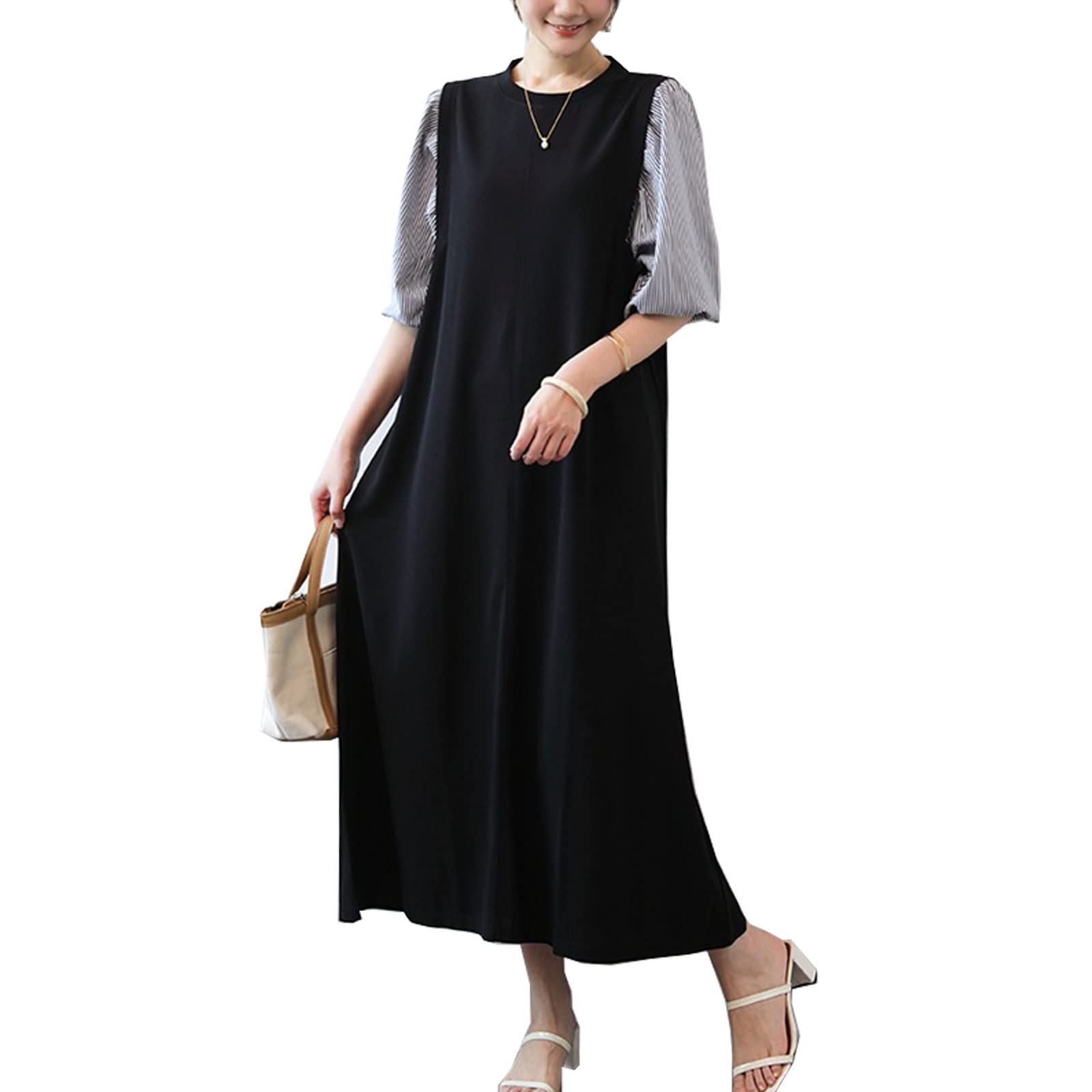 【送料無料】[7-livehouse] ワンピース レディース ロングワンピース カジュアルワンピース 半袖 切り替え パフスリーブ ミモレ丈 ストライプ 丸首 着痩せ 体型カバー シンプル ゆったり 大きいサイズ 通勤 春 夏 ブラック Free Size