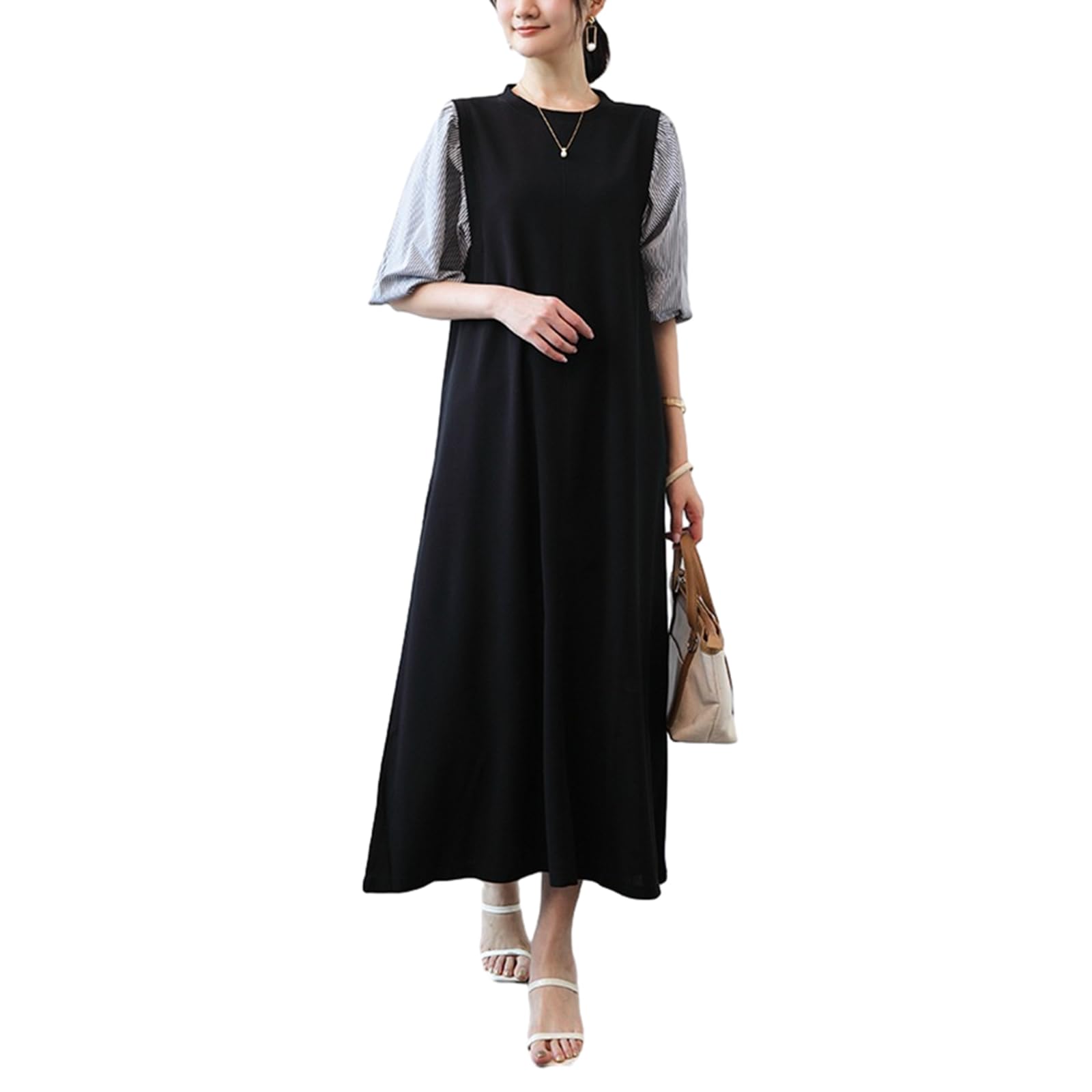 【送料無料】[MEME XTRA] レディース ワンピース シャツワンピース 切り替え 七分袖 Aライン フレア パフ袖 ストライプ マキシ丈 ふんわり 丸首 半袖 ゆったり エレガント コーデ 可愛い 着せ オシャレ 大人 大きいサイズ 体型カバー 春 夏