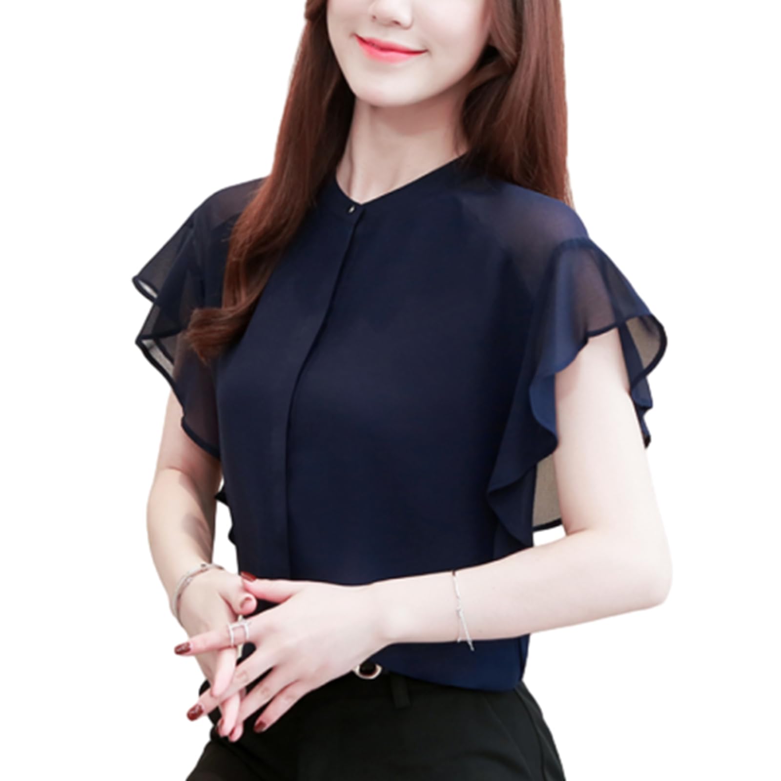 【送料無料】[ORWZDCO] シフォンブラウス レディース トップス フリル袖 シャツ 無地 丸首 前開き 透け感 ゆったり 体型カバー おしゃれ エレガント オフィス 通勤 春 夏