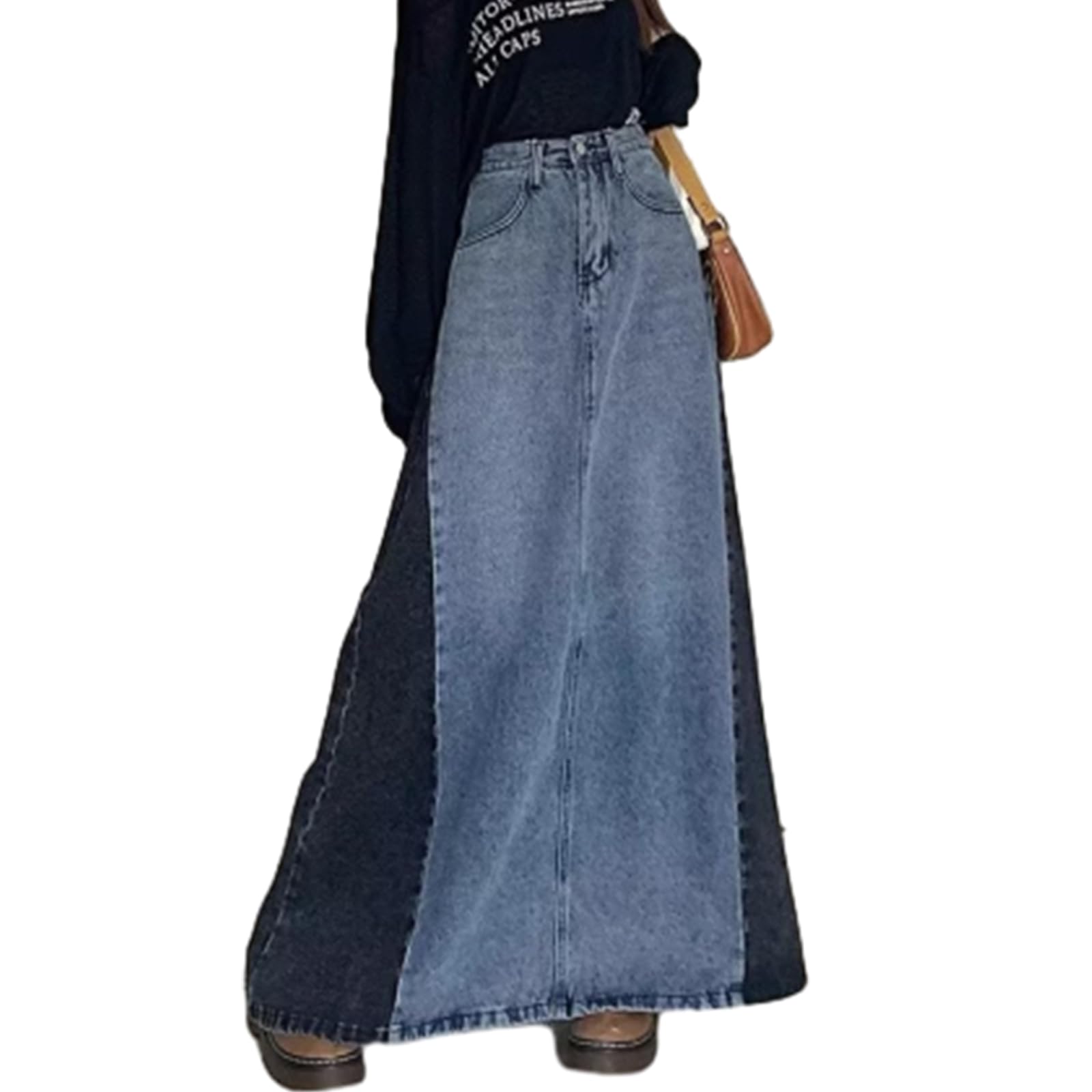 【送料無料】[ORWZDCO] デニムスカート ロングスカート レディース ハイウエスト 配色 切り替え Aラインスカート 韓国 おしゃれ ボトムス 体型カバー 大きいサイズ 着痩せ 美脚 エレガント 通勤 デート 普段着 レトロ 春 夏 秋 冬