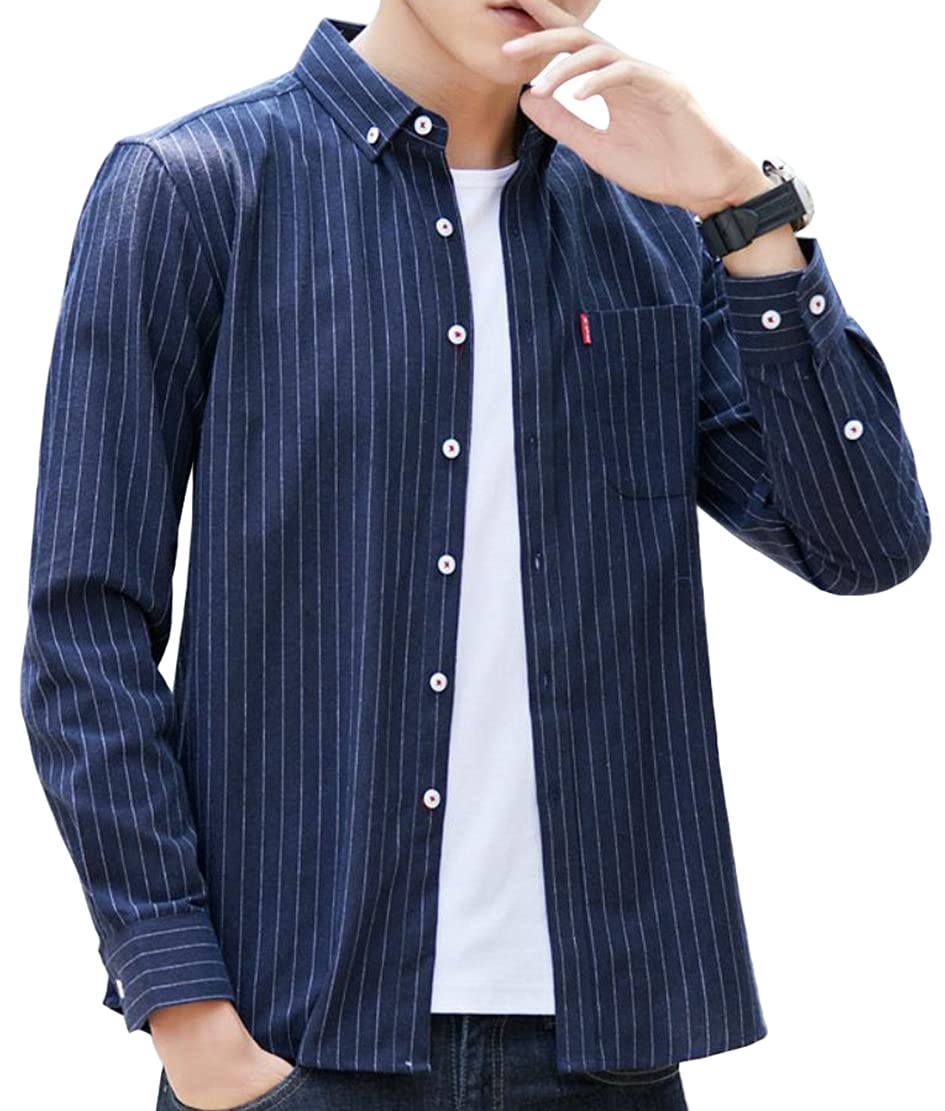 【送料無料】[ODFMCE] メンズ シャツ 長袖 秋 ストライプ おしゃれ ビジネス カジュアル 大きいサイズ (JP, アルファベット, XL, ネイビー)
