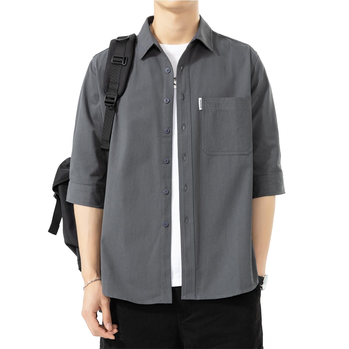 【送料無料】Sukinana 夏服 メンズ 五分袖 シャツ 七分袖 綿100% 吸汗速乾 通気性 かっこいい 人気 快適な ワイシャツ カジュアル シンプル オシャレ 無地 オックスフォード シャツ 春夏秋 対応 (L, ダークグレー)