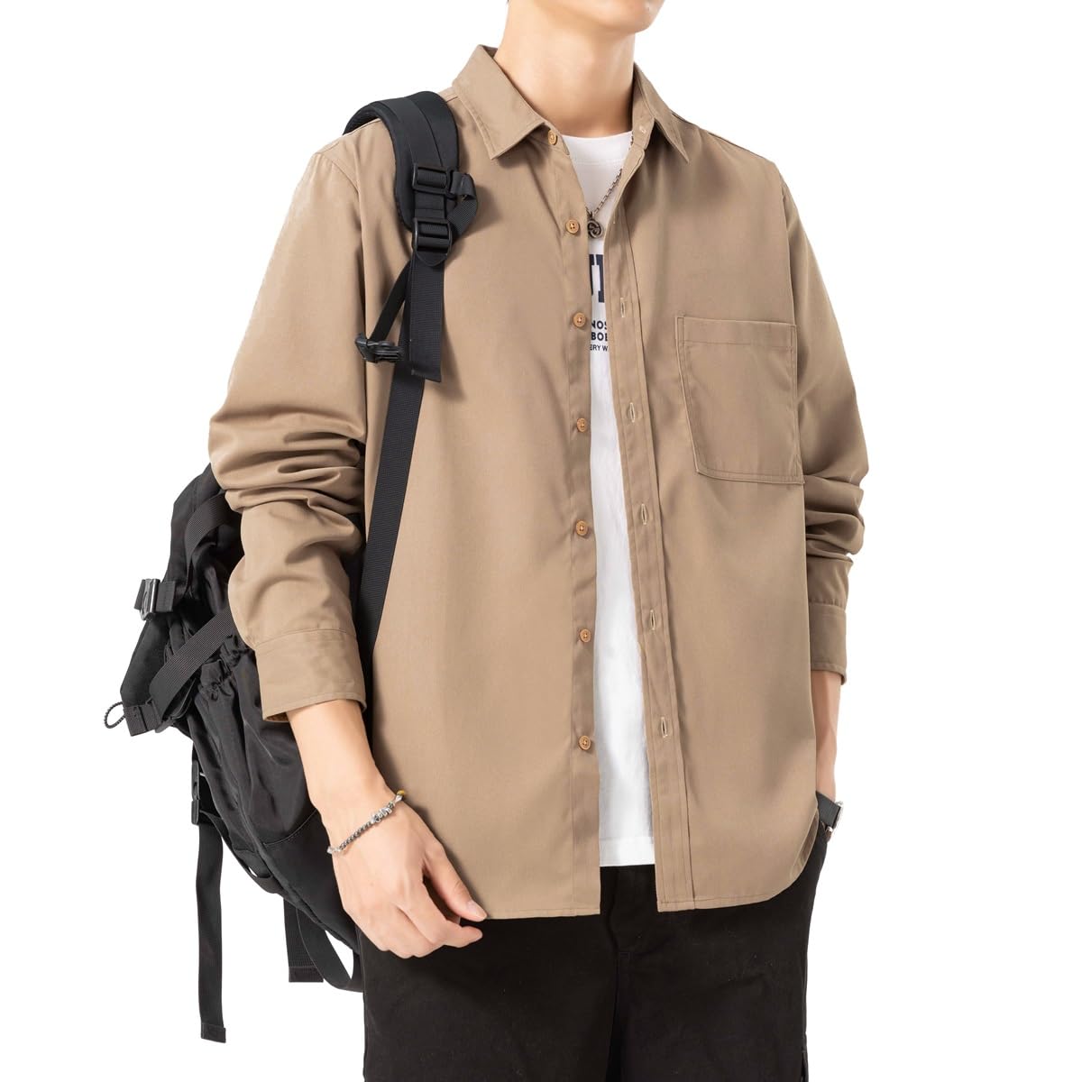 【送料無料】Sukinana シャツ メンズ 長袖 秋服 ゆったり 通気性 速乾 柔らかい 快適な ワイシャツ 大きいサイズ 春 秋 シンプル オシャレ 無地 (XL, カーキ)