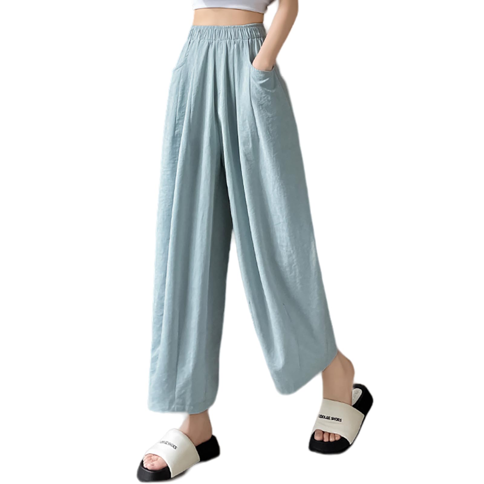 【送料無料】[Tiernyueth] レディース クロップド ワイドパンツ ガウチョパンツ キュロット ウエストゴム 美脚 無地 ポケット付き 裾広 薄手 ゆったり 涼しい 可愛い おしゃれ 大きいサイズ 通気性 着痩せ オフィス カジュアル 通勤 春 夏