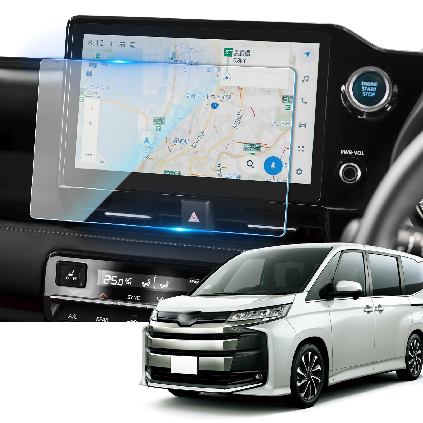 商品情報商品の説明主な仕様 【寸法＆適用車種】● サイズ:10.5インチ ● トヨタ ノア/Noah ヴォクシー/Voxy 90系 MZRA90W 2022.1~【ナノ技術】日常の使用で、カーナビのスクリーンが意外な要因で傷つくことはありませんか？操作中に指先や爪が触れて細かな傷がついたり、車内に置いた鍵や小物が不意に擦れたり…。こうした小さなダメージが積み重なり、気づけばスクリーンが傷だらけに。そんな心配を解消するのが、SKTUの ノア 90系 Noah 専用 カーナビ保護フィルムです。保護シートは高度なナノ技術を駆使し、優れた耐スクラッチ性能を実現。指先や爪による摩擦はもちろん、鍵や小刀といった鋭利な物からもしっかり保護します。その高い耐久性とクリアな画質で、大切なカーナビのスクリーンをいつまでも美しく保ちます。【HD画質・高感度タッチ】：HC高透過層により、驚異の98％以上の透過率を実現。ディスプレイオーディオ液晶画面オリジナルの鮮やかで美しい色合いをそのまま再現します。カーナビ ガラスフィルム 厚さわずか0.32mmの超薄設計で、ツルツルとしたスムーズなタッチ操作を実現。指先は快適でストレスフリーな操作感を体験できます。不可欠な ノア 90系 Noah アクセサリー です。【撥水撥油】カーナビフィルムに施した疎油性AFコーティングにより、水や油をしっかり弾き、指紋汚れも軽減。ナビスクリーンを常に清潔な状態に保てます。さらに、長時間の使用で汚れが付着しても、付属のクリーニングクロスで簡単にサッと拭き取るだけで、元通りの美しさを取り戻せます。【貼り付け簡単】 ノア 90系 Noah カーナビ 保護フィルムは特殊なシリコンコーティング技術と静電気による自動吸着タイプを採用。気泡は自動的に排出され、補助用キットも付属しているので、素人でも見事に貼り付けることができる ノア 90系 Noah パーツ です。【パッケージ＆アフターサービス】付属品：カーナビ ガラスフィルム 本体x1、ウェットティッシュx1、ホコリ取りシートx1、画面拭きマイクロファイバークロス x 1、固定用シール x 2、日本語説明書x1。※SKTUは常に高品質な製品を心を込めてお客様にお届けすることを最も大切にしています。出荷前に商品の品質と梱包状態を徹底的に確認しております。万が一、商品に関してご質問や不具合がございましたら、24時間以内に迅速に対応させていただきます。