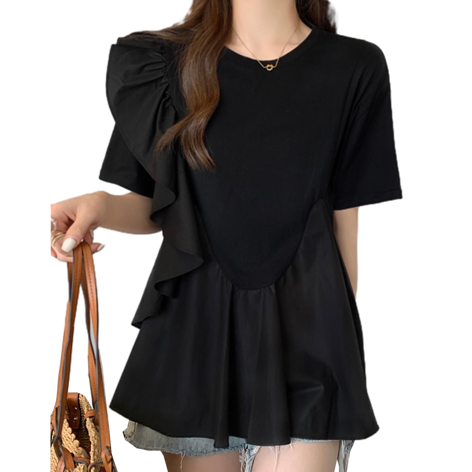 【送料無料】[CCGGOWMM] フリル袖tシャツ レディース シャツ ブラウス 異素材ミックス アシンメトリー ..