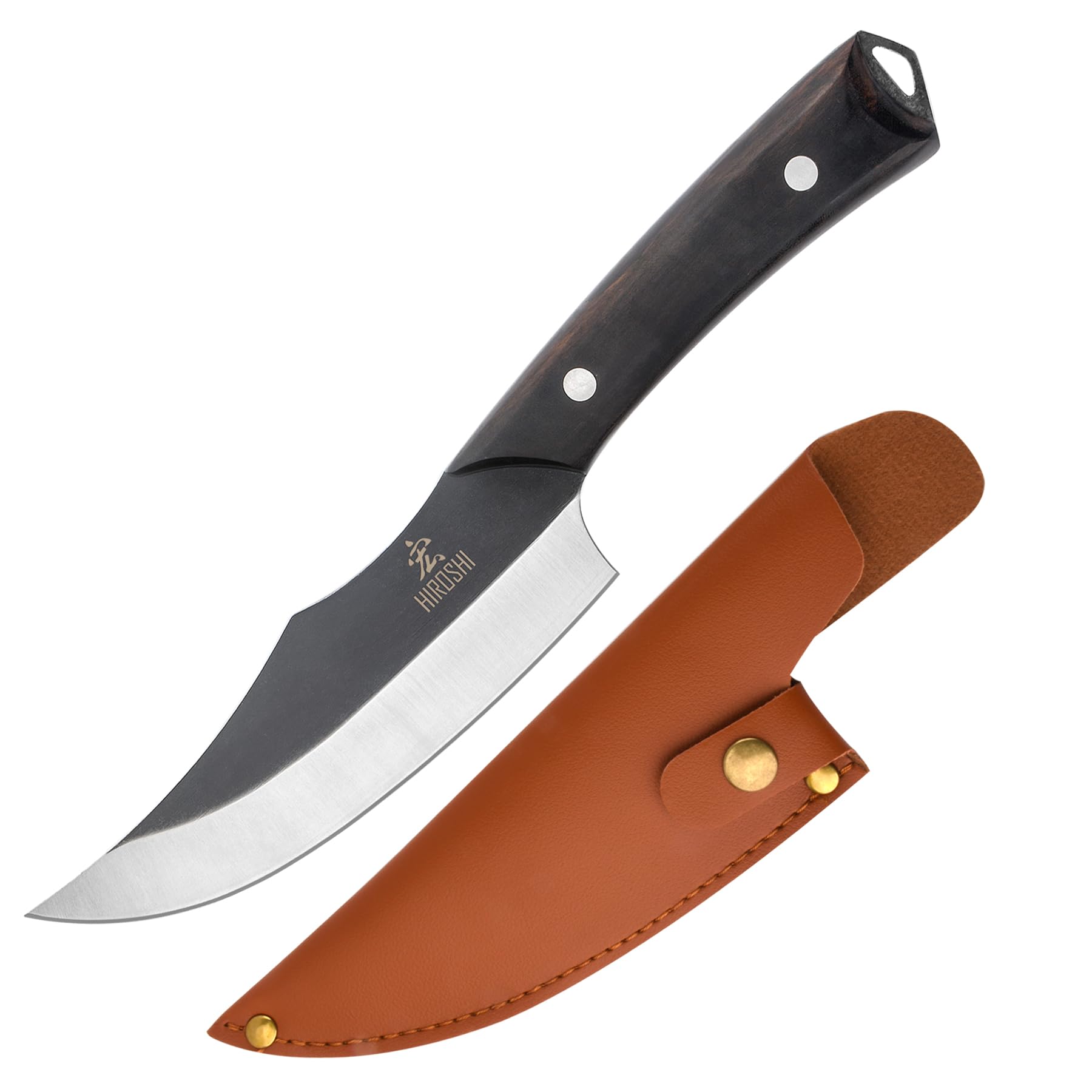 【送料無料】HIROSHI骨スキ包丁 骨取りナイフ 肉を骨から剥がす 料理包丁 ステンレス手鍛造加工 ボーニングナイフ 鋭い切れ味 アウトドアナイフ 防災 キャンプ用 狩猟解体 革鞘付き (中)
