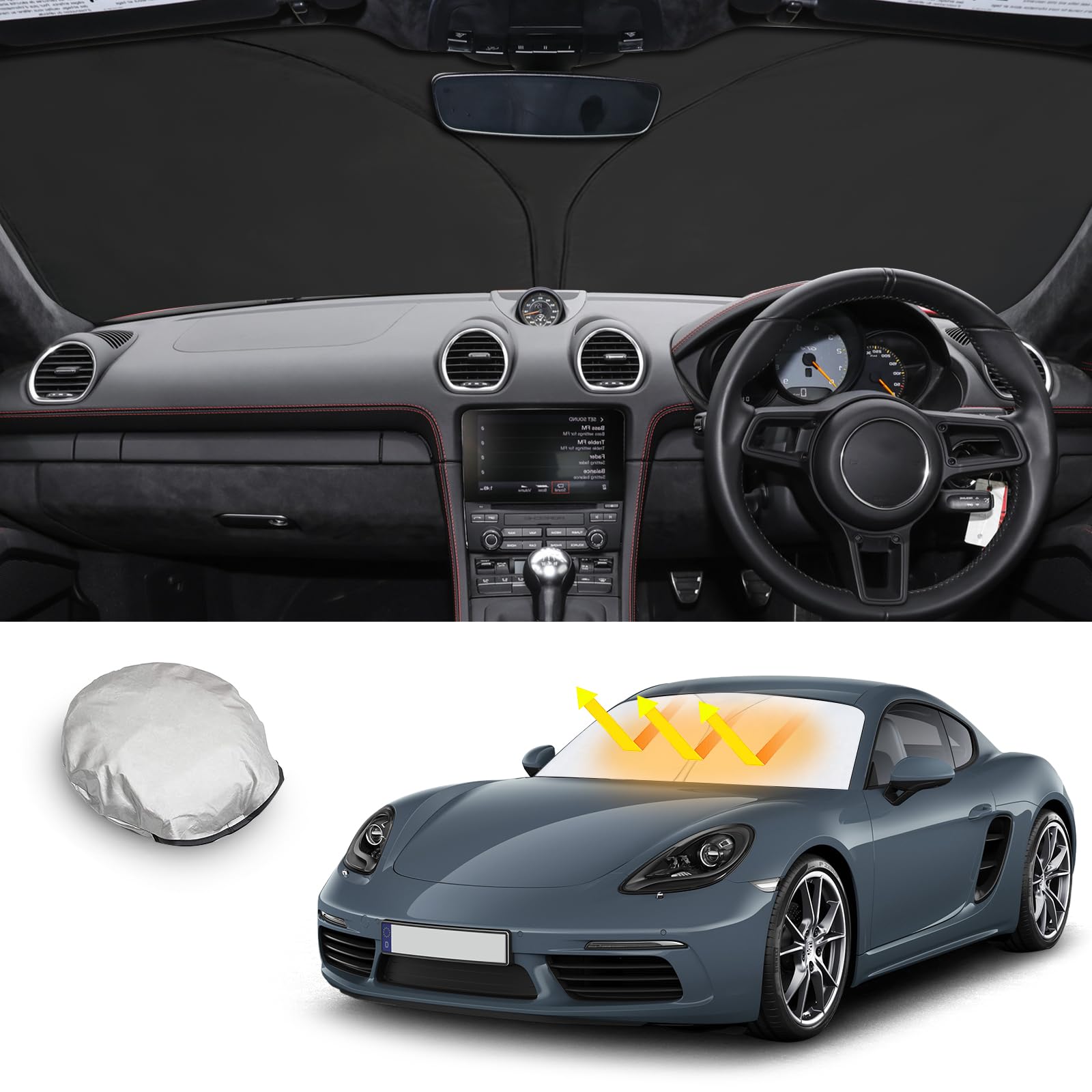 【送料無料】【CDEFG】2025新型 ポルシェ 3代目 サンシェード 車 Porsche 718ケイマン ケイマンS フロントサンシェード フロントガラス 日よけ 6層構造 遮光 断熱 UVカット 劣化防止 折りたたみ コンパクト 収納袋付き 目隠し 車中泊