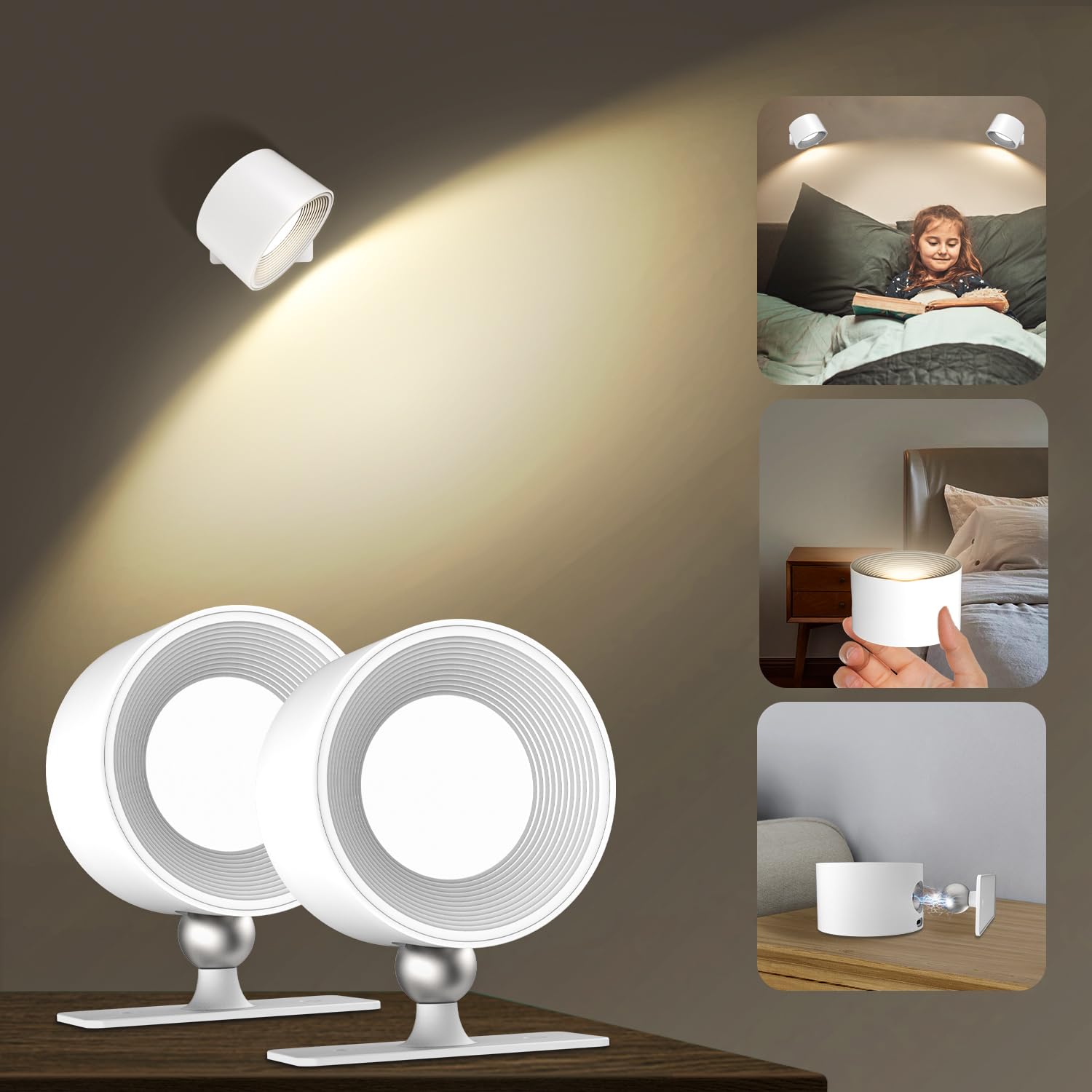 【送料無料】Tekstap ブラケットライト 2個、3段階調光調色 LED ブラケットライト、360°照明角度 磁気ウォールライト、Type-C 充電式 目に優しい ベッドサイドランプ 読書灯、タッチコントロール 間接照明 卓上ライト、2つのインストール方法 コードレス 壁掛けライト、