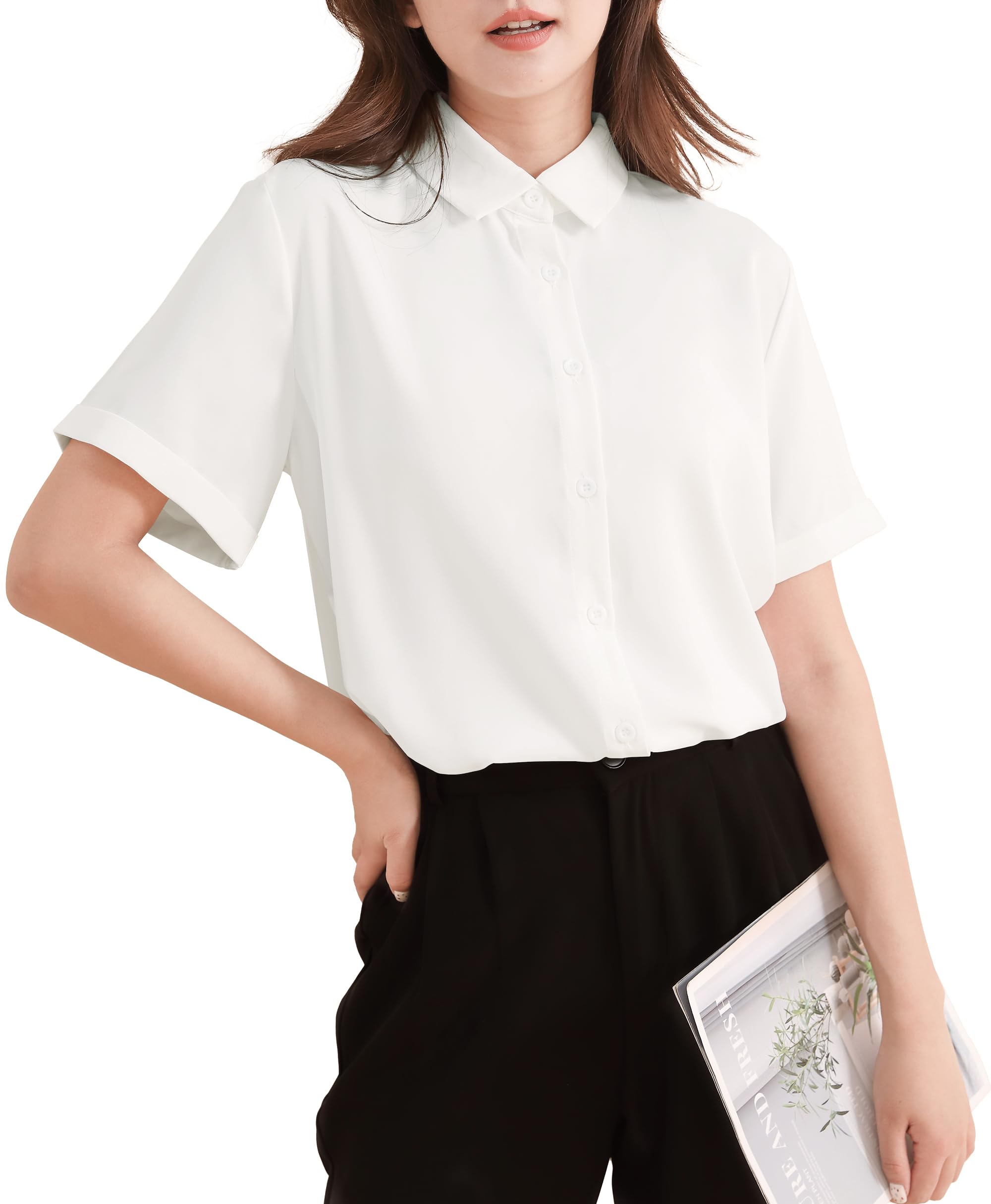 【送料無料】[YASHIGE] シャツ レディース 半袖 トップス 半袖シャツ 襟付き フレンチスリーブ 付き フォーマル シンプル 無地 薄手 透け感 オフィスブラウス オフィスカジュアル オフィス カジュアル 通勤 通学 春 夏 ファッション 業務服 高通気性 ホワイト L